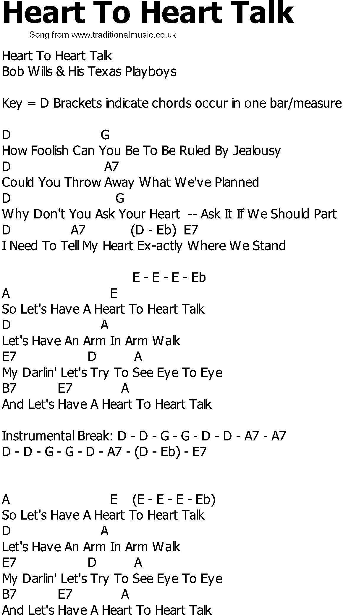Old Country song lyrics with chords - Heart To Heart Talk