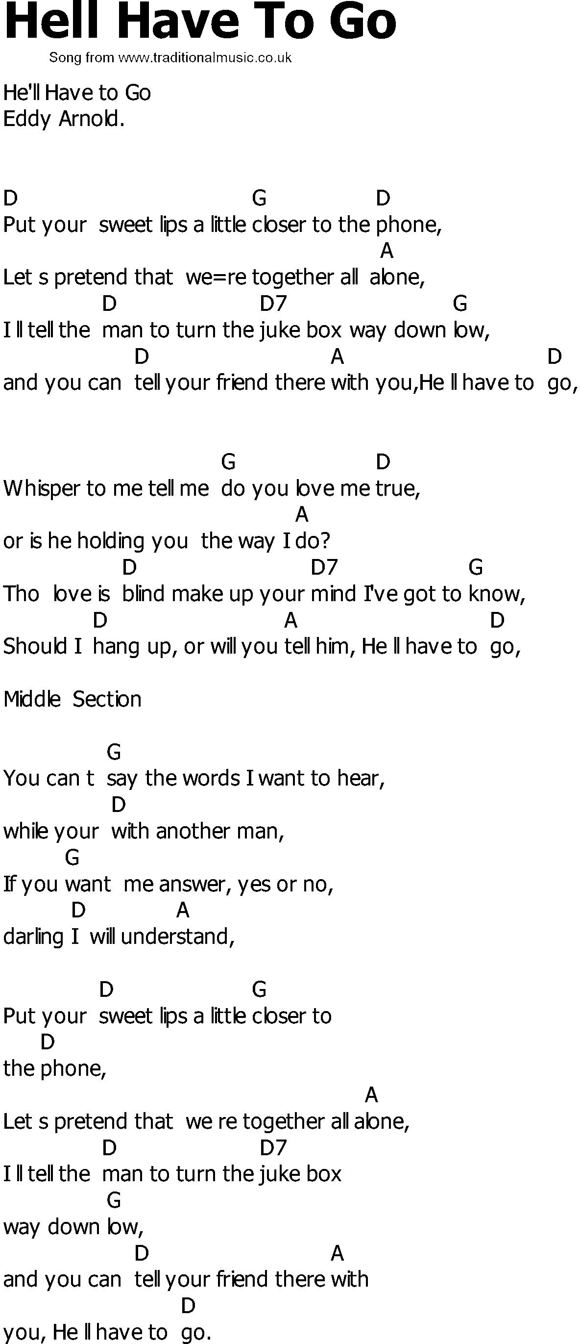 Old Country song lyrics with chords - Hell Have To Go