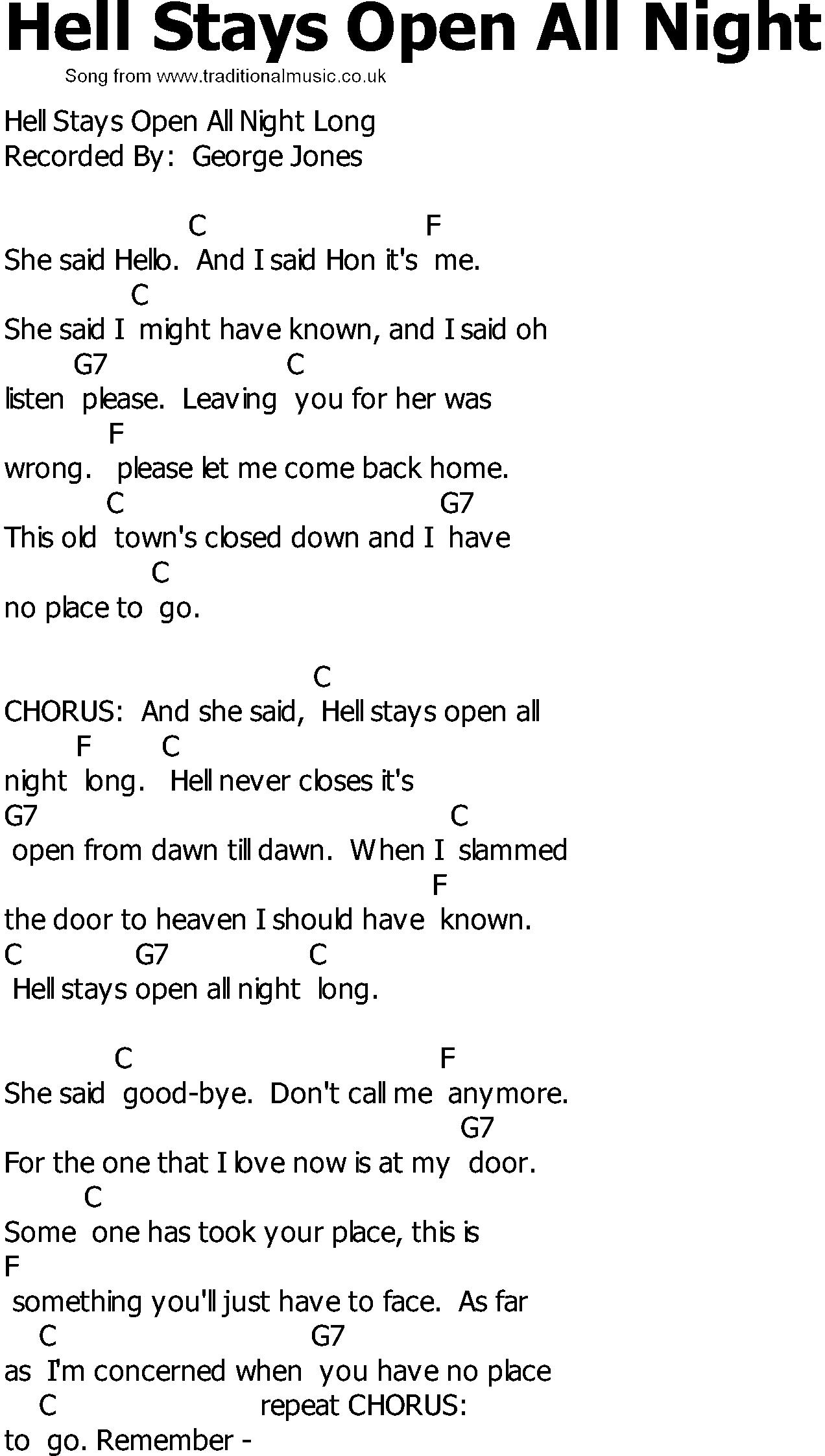 Old Country song lyrics with chords - Hell Stays Open All Night