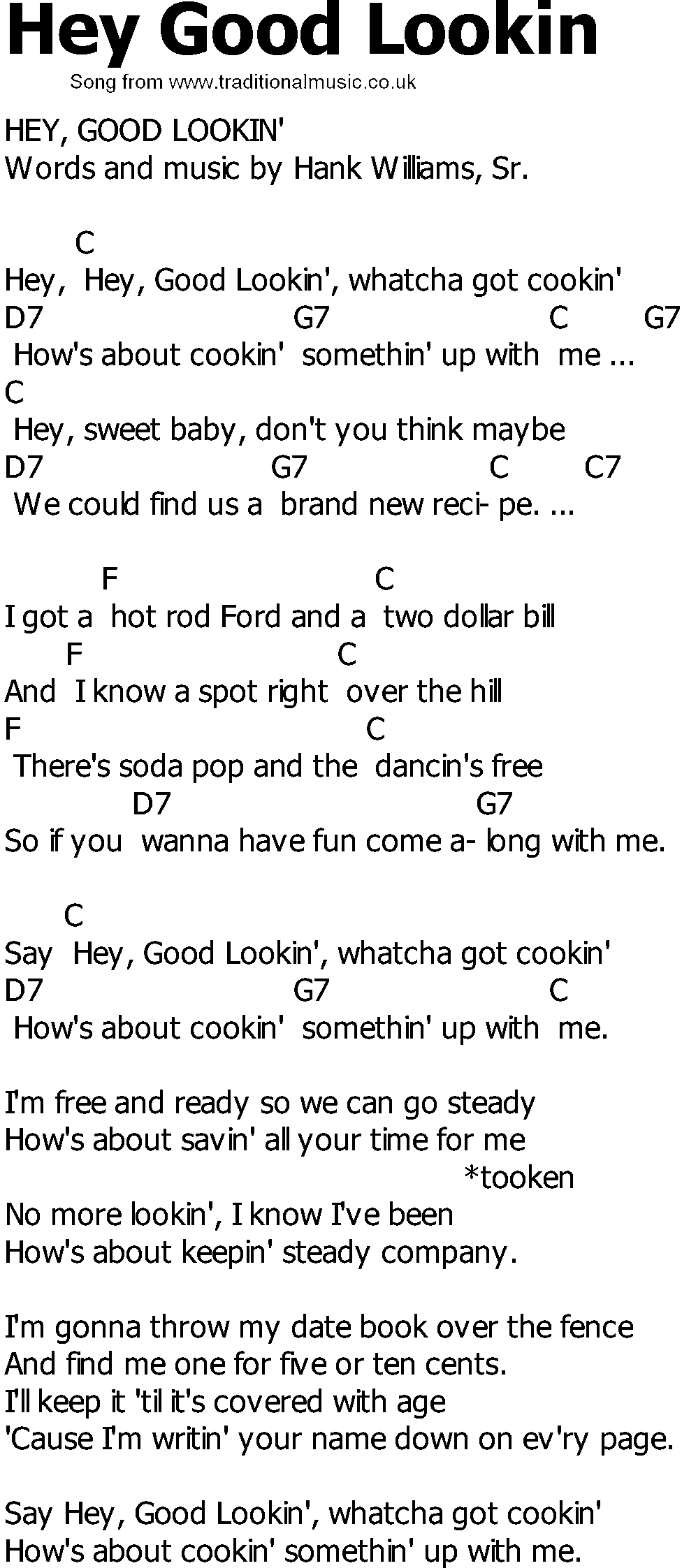Old Country song lyrics with chords - Hey Good Lookin