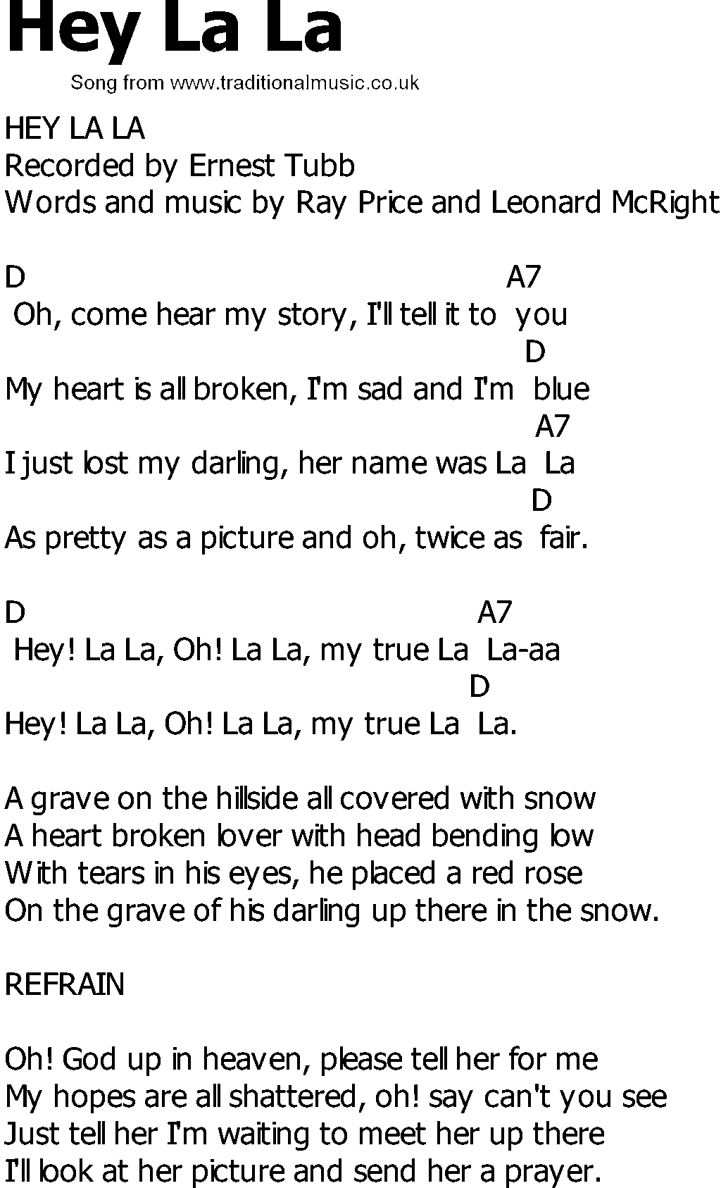 Old Country song lyrics with chords - Hey La La