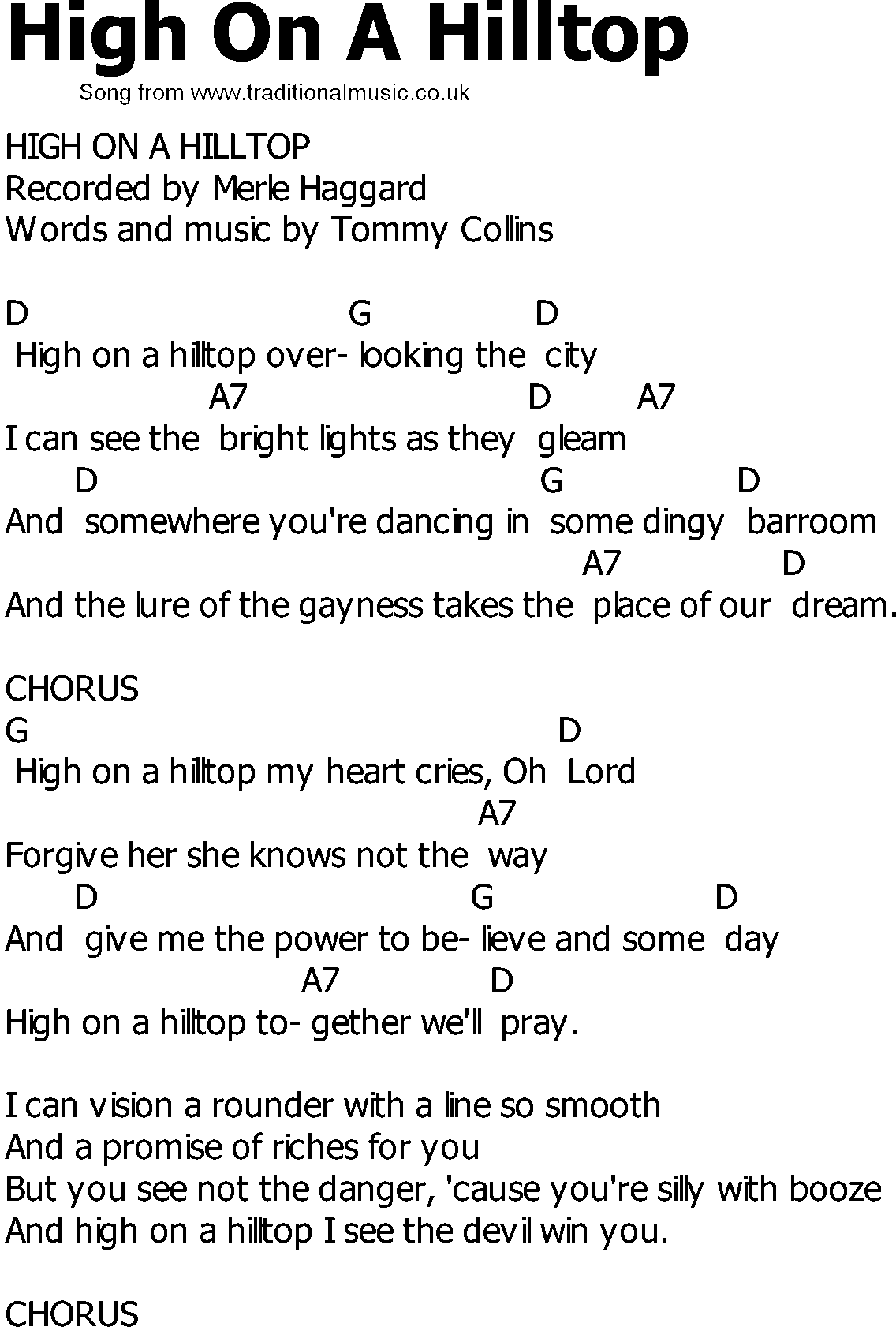 Old Country song lyrics with chords - High On A Hilltop