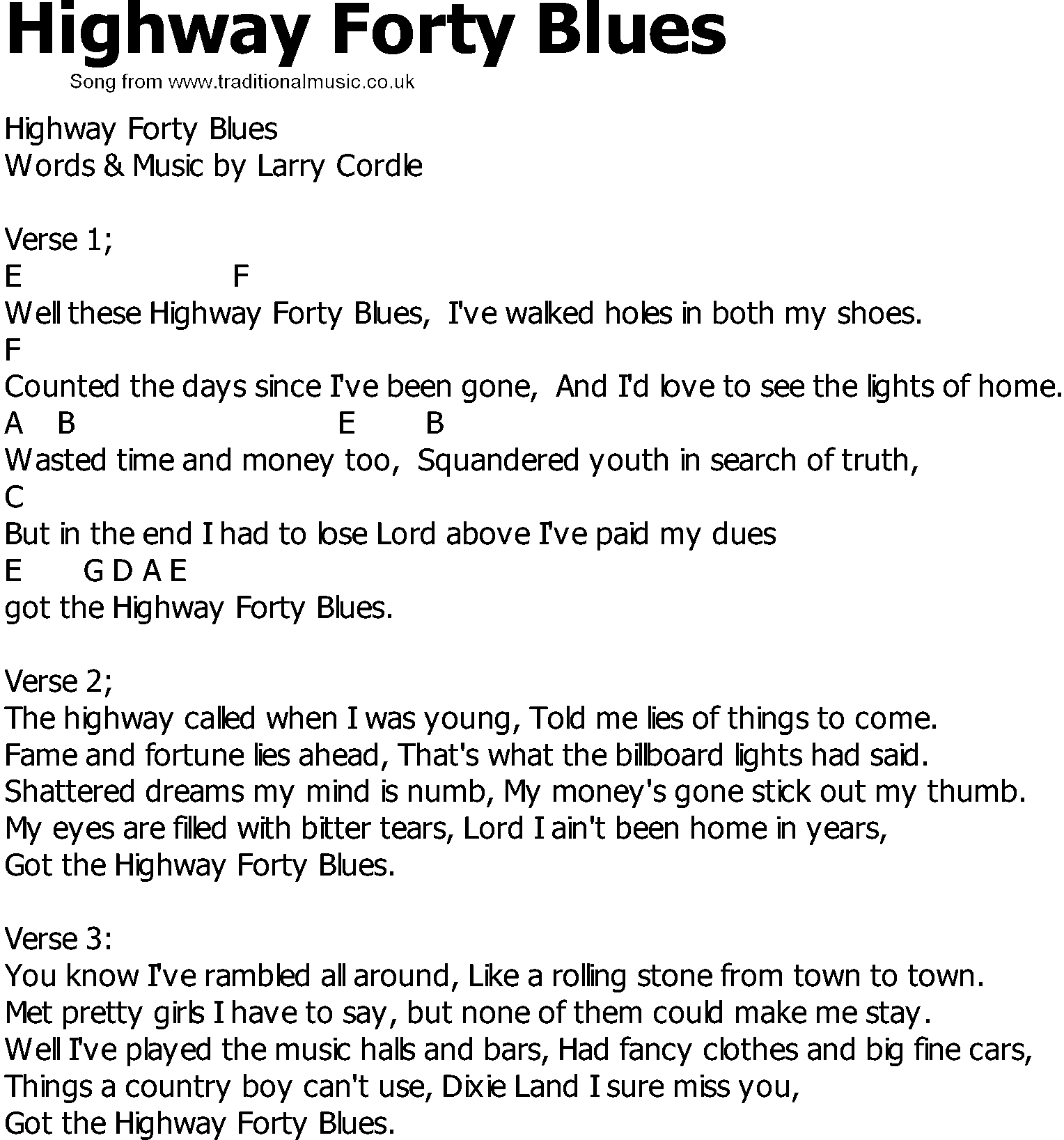 Old Country song lyrics with chords - Highway Forty Blues