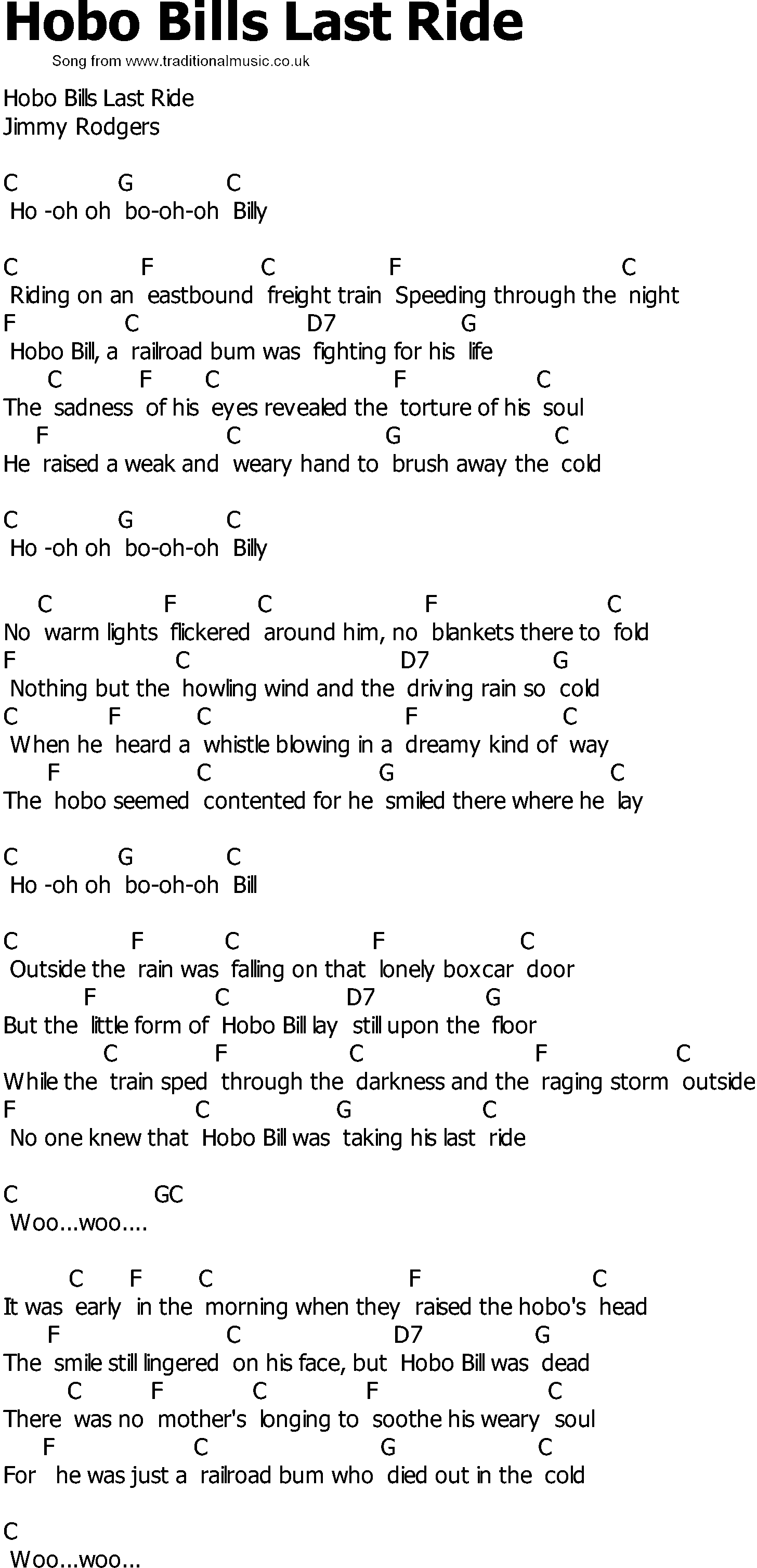 Old Country song lyrics with chords - Hobo Bills Last Ride