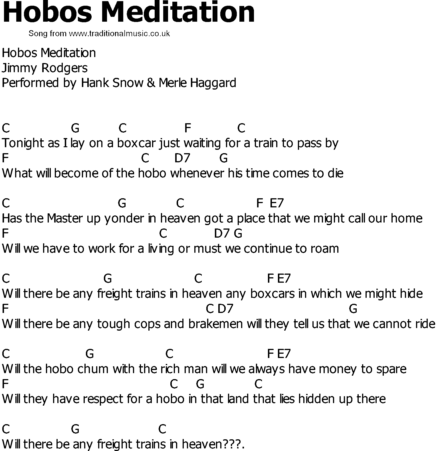 Old Country song lyrics with chords - Hobos Meditation