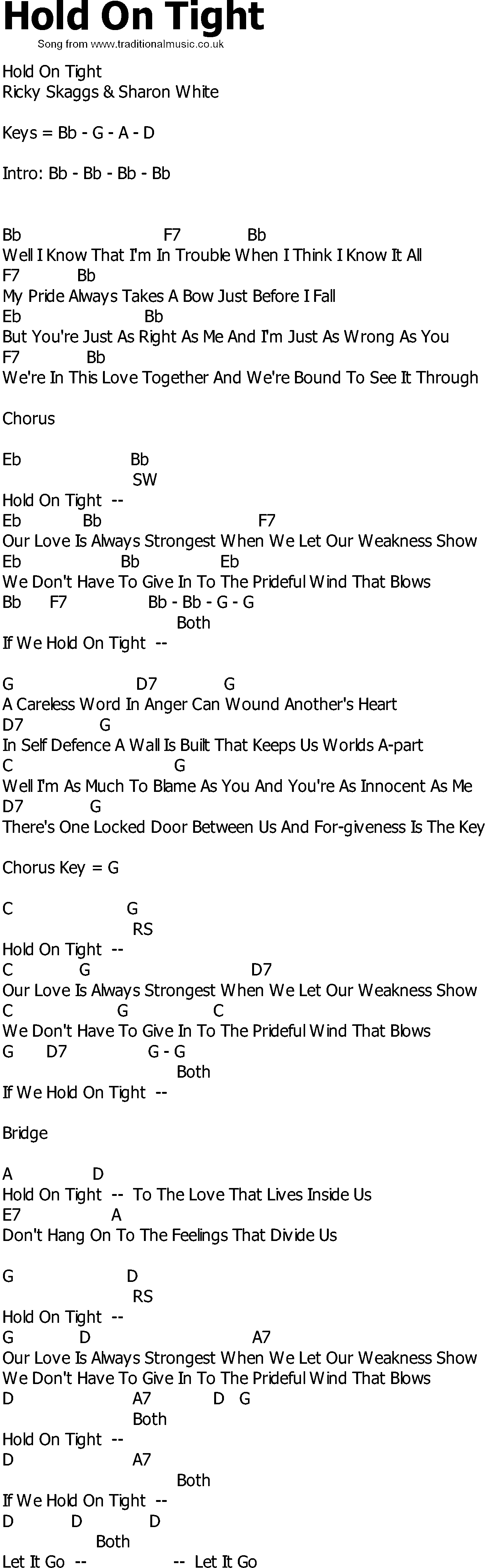 Old Country song lyrics with chords - Hold On Tight