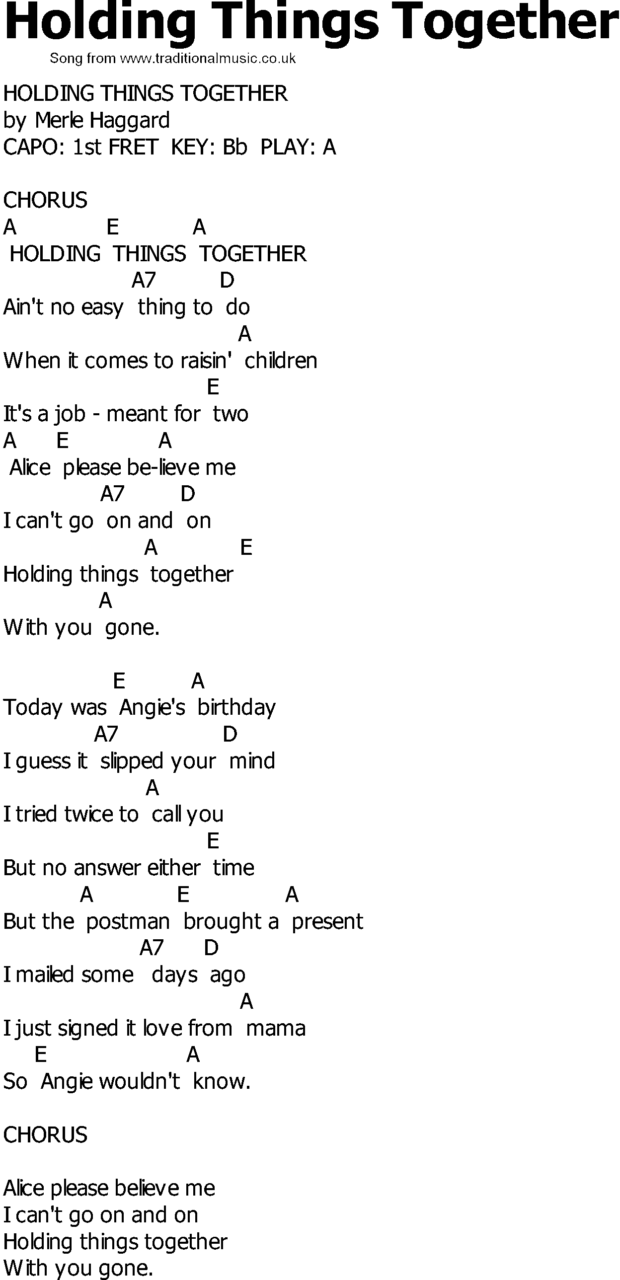 Old Country song lyrics with chords - Holding Things Together