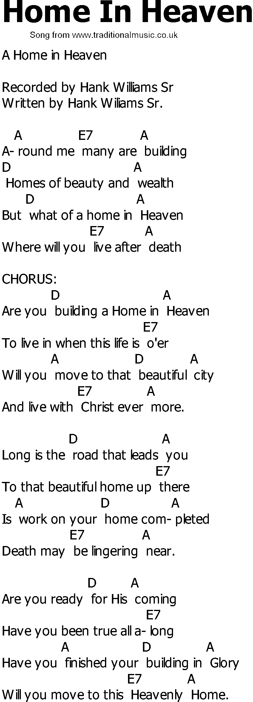 Old Country song lyrics with chords - Home In Heaven