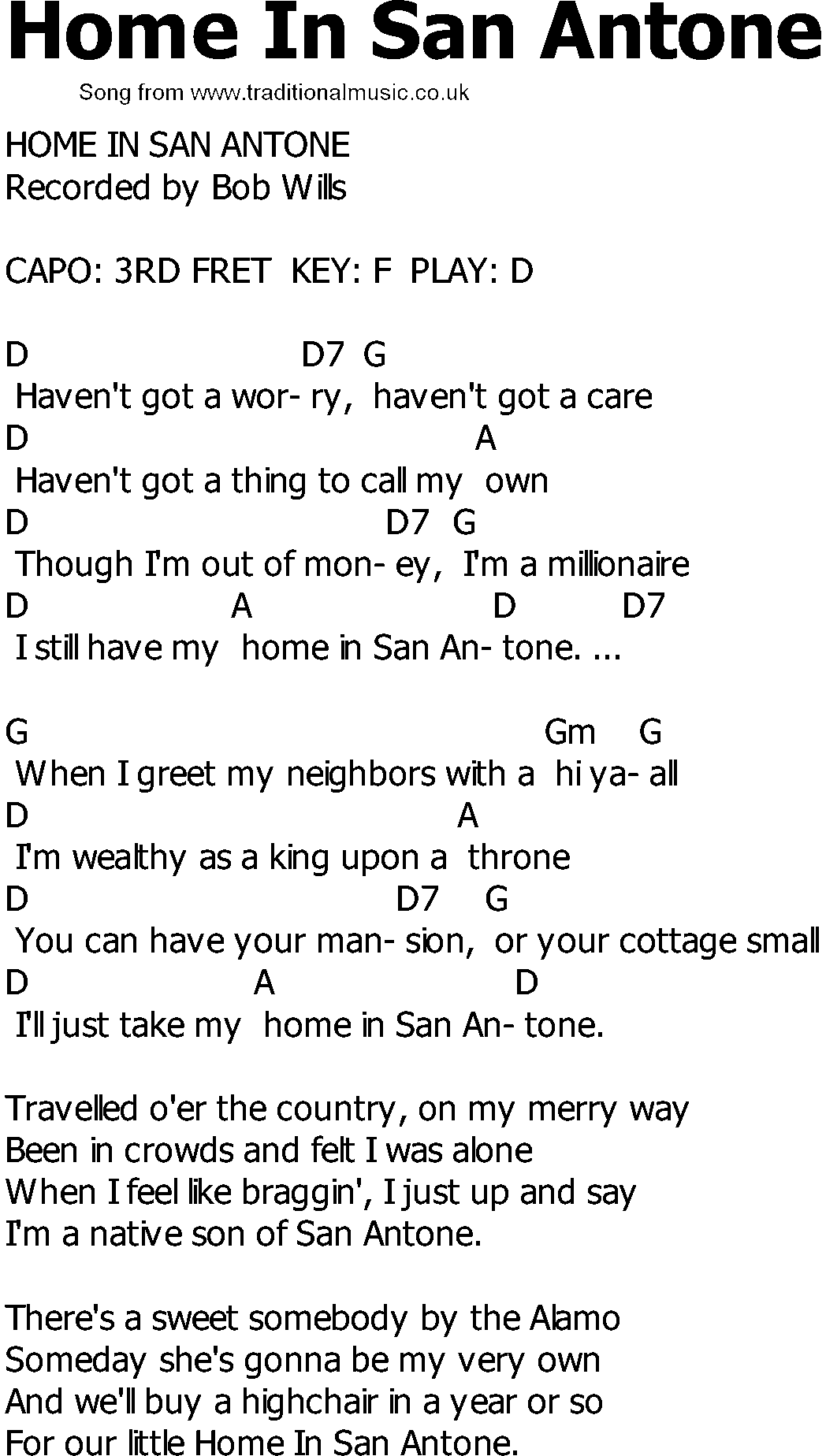 Old Country song lyrics with chords - Home In San Antone