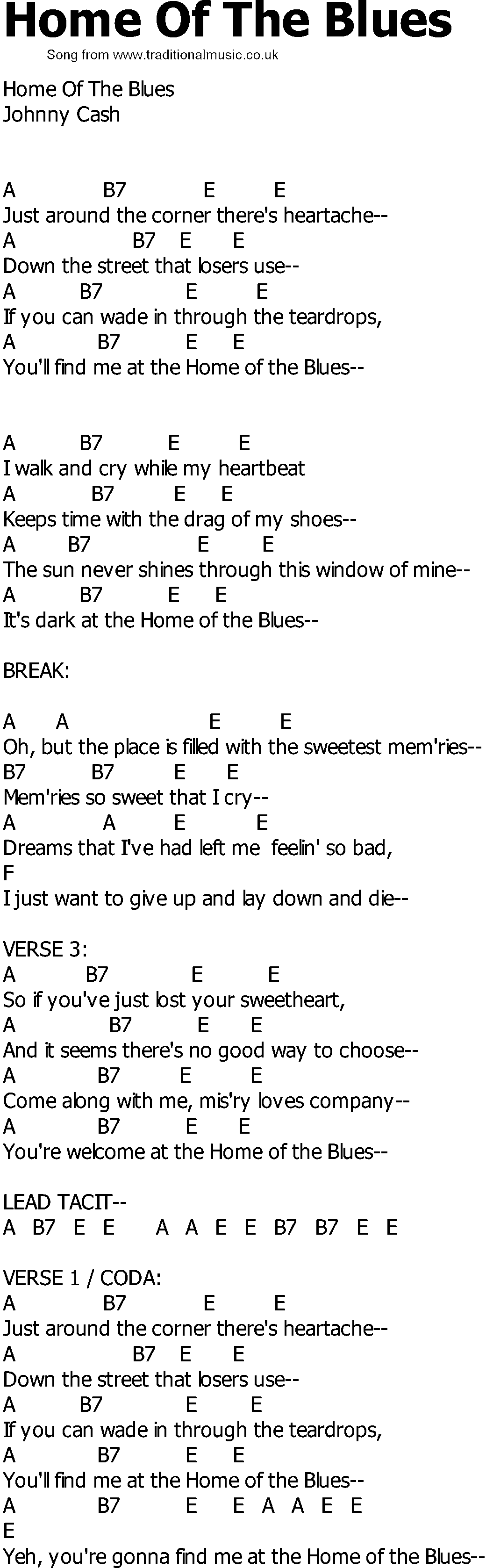 Old Country song lyrics with chords - Home Of The Blues
