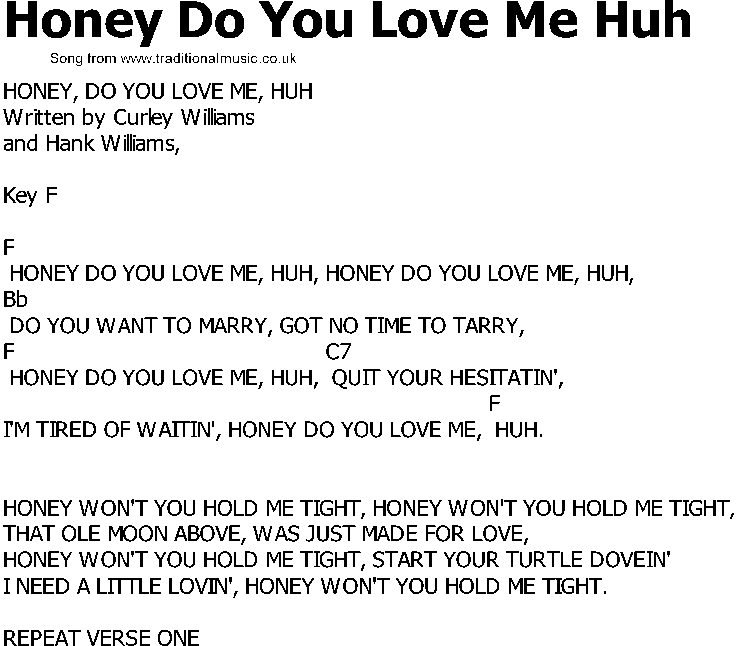 Old Country song lyrics with chords - Honey Do You Love Me Huh