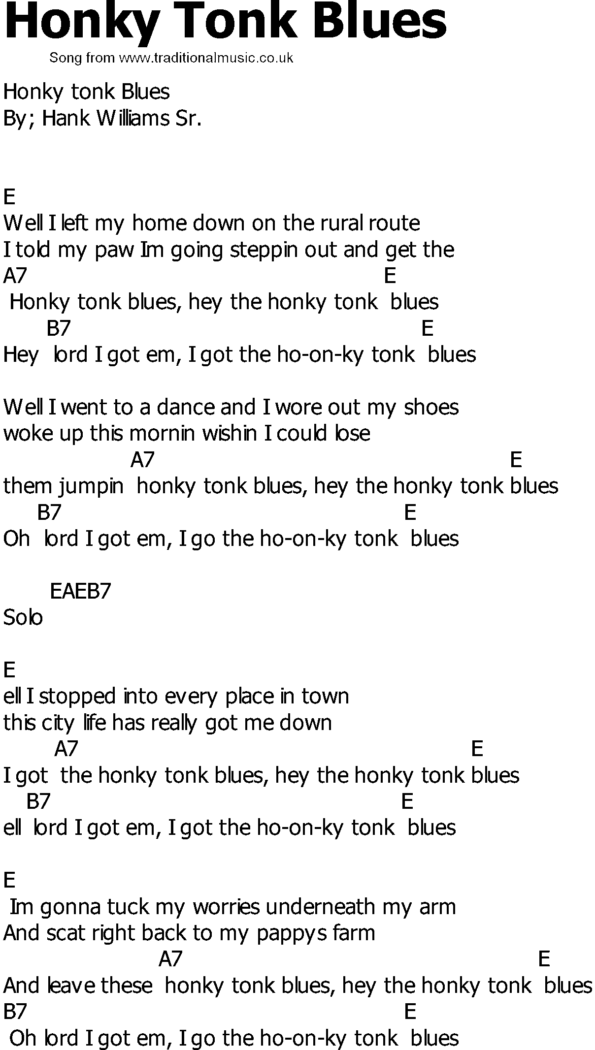 Old Country song lyrics with chords - Honky Tonk Blues
