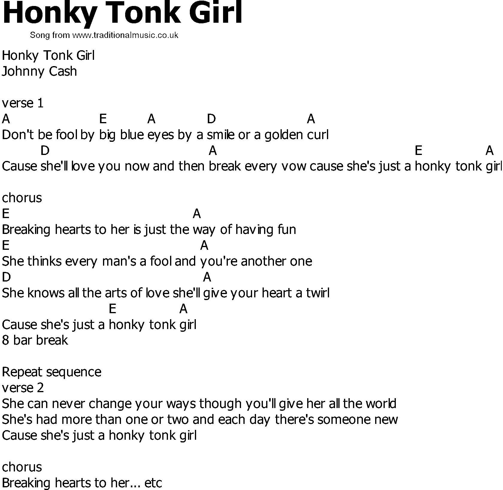 Old Country song lyrics with chords - Honky Tonk Girl