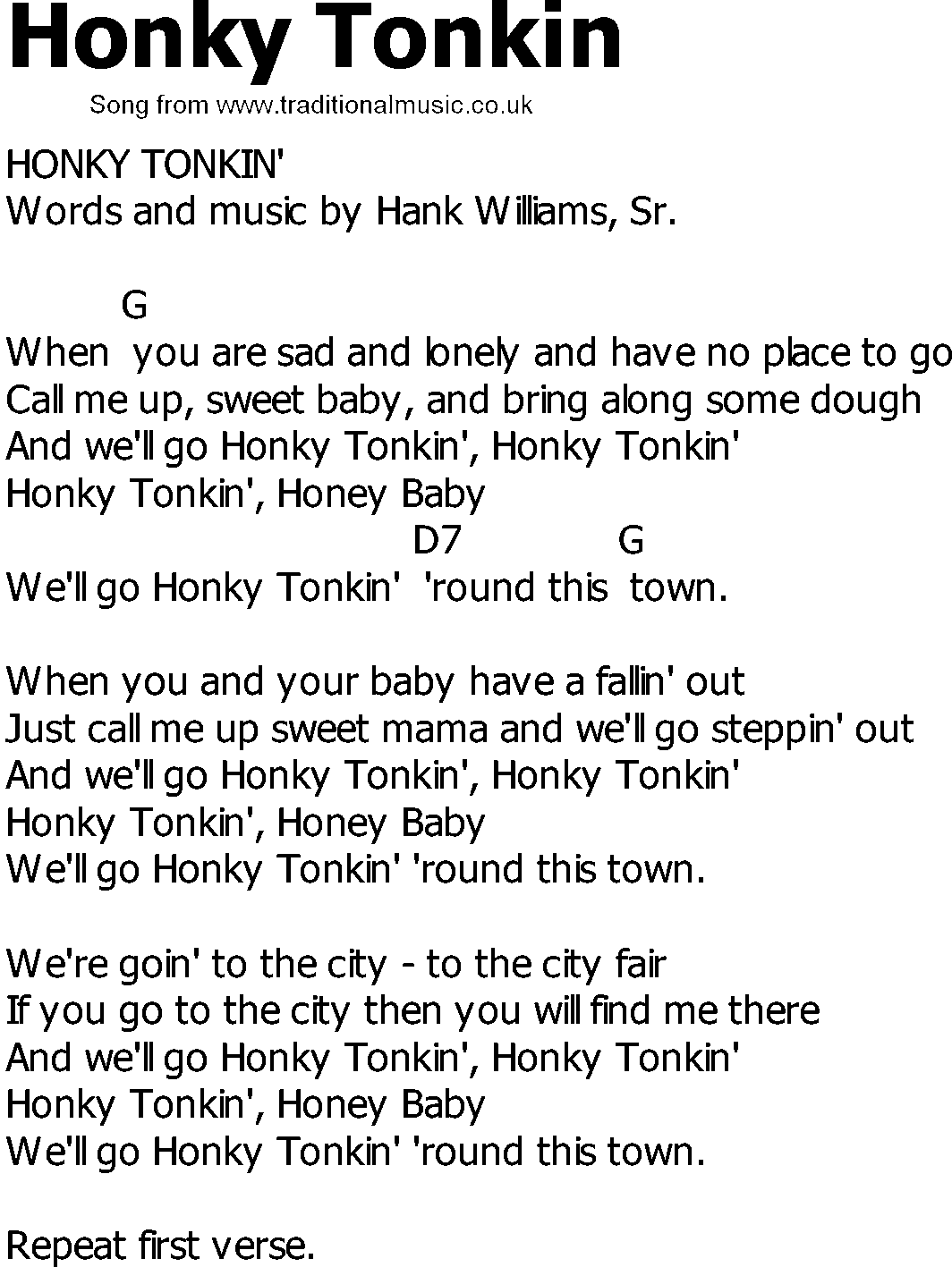 Old Country song lyrics with chords - Honky Tonkin