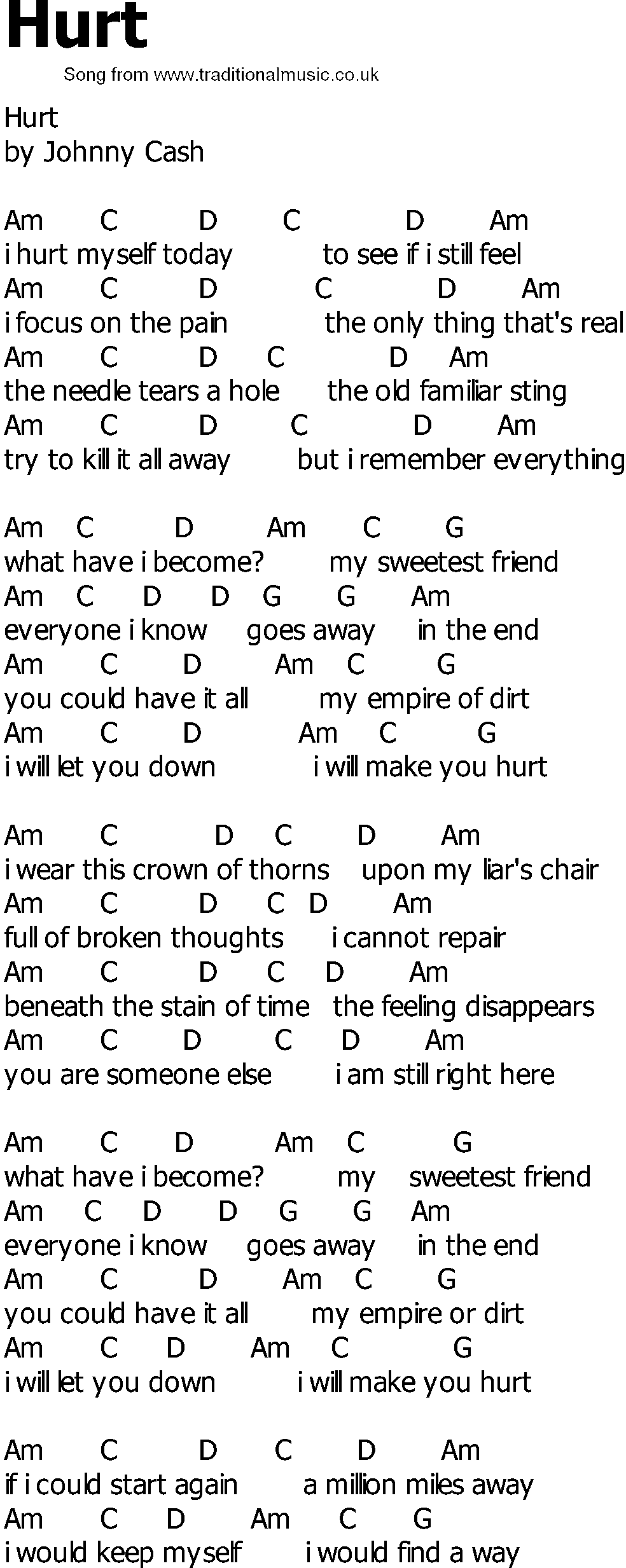 Old Country song lyrics with chords - Hurt