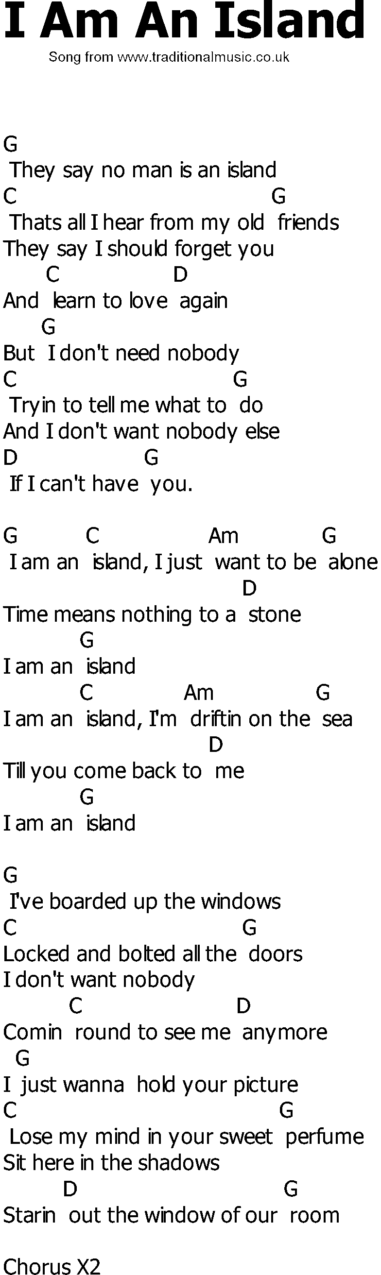 Old Country song lyrics with chords - I Am An Island