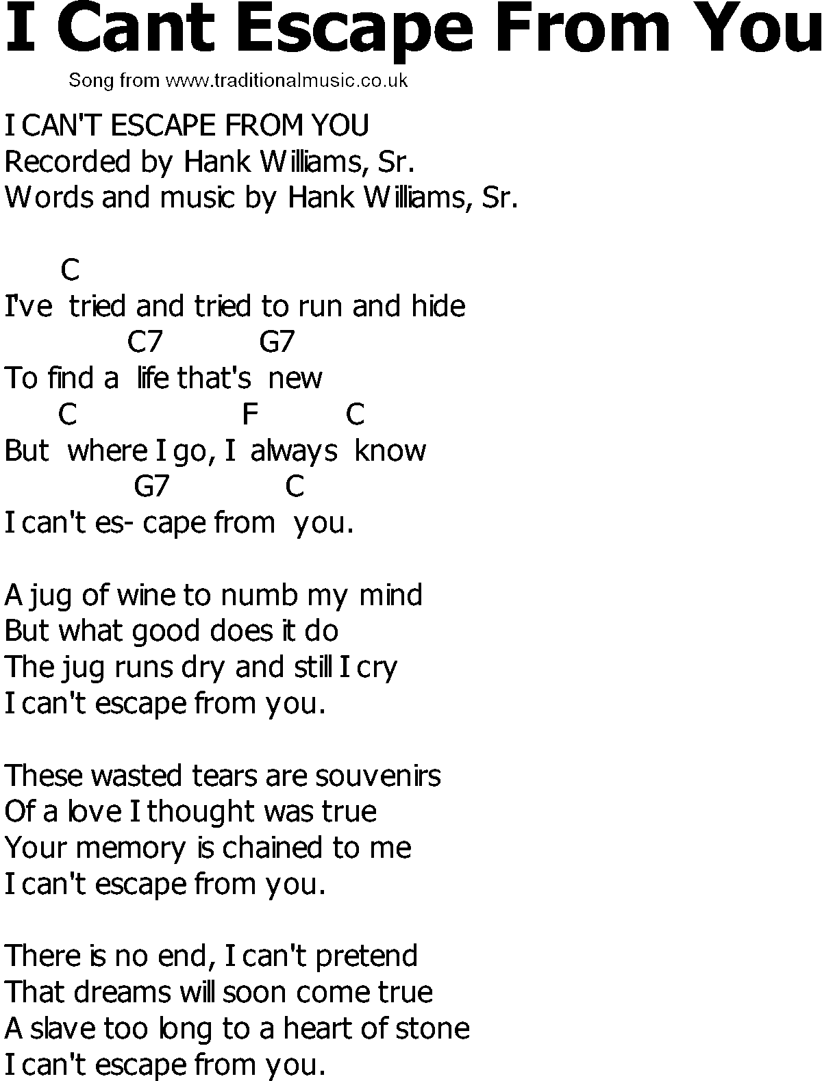 Old Country song lyrics with chords - I Cant Escape From You