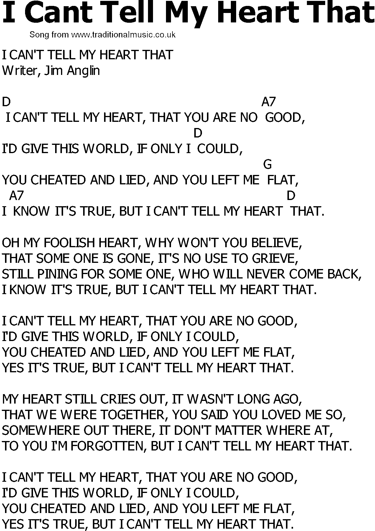 Old Country song lyrics with chords - I Cant Tell My Heart That