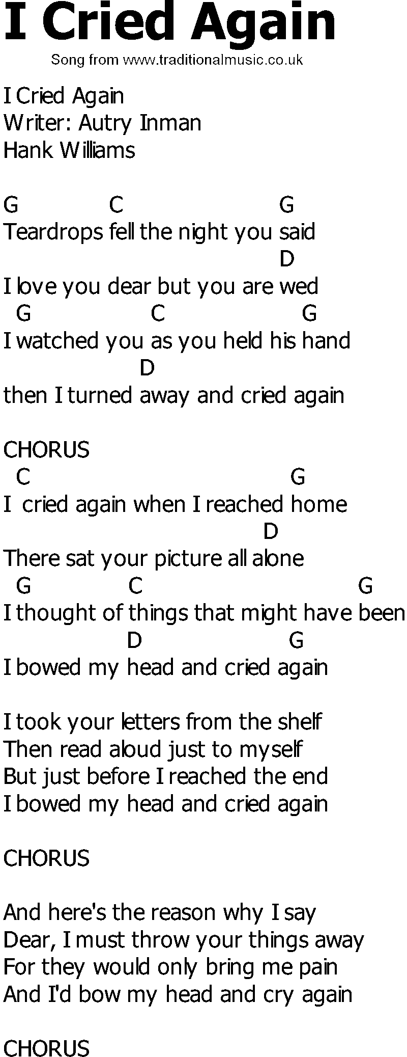 Old Country song lyrics with chords - I Cried Again