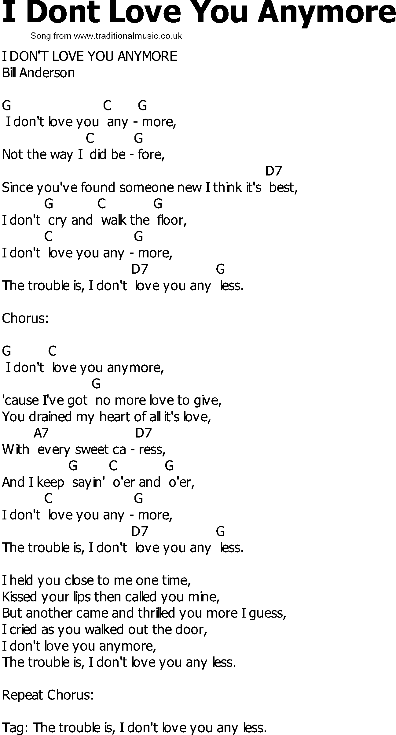 Old Country song lyrics with chords - I Dont Love You Anymore