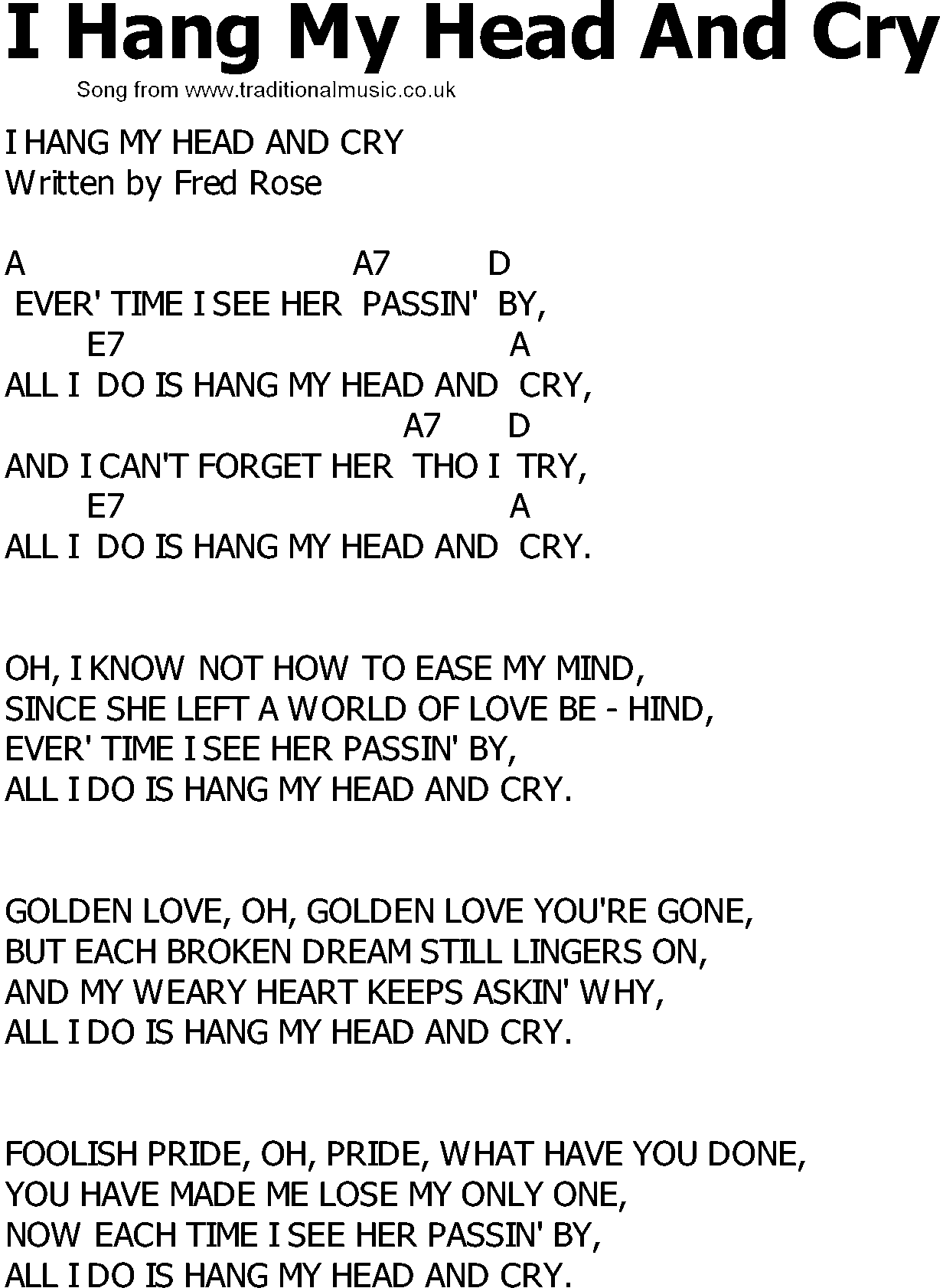 Old Country song lyrics with chords - I Hang My Head And Cry