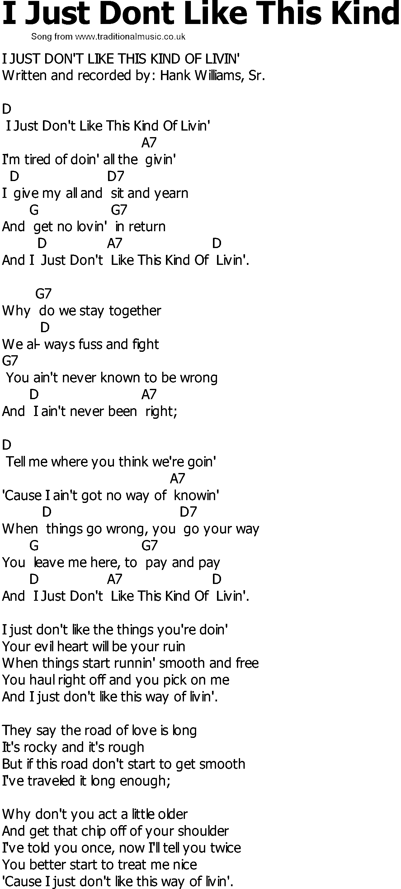 Old Country song lyrics with chords - I Just Dont Like This Kind