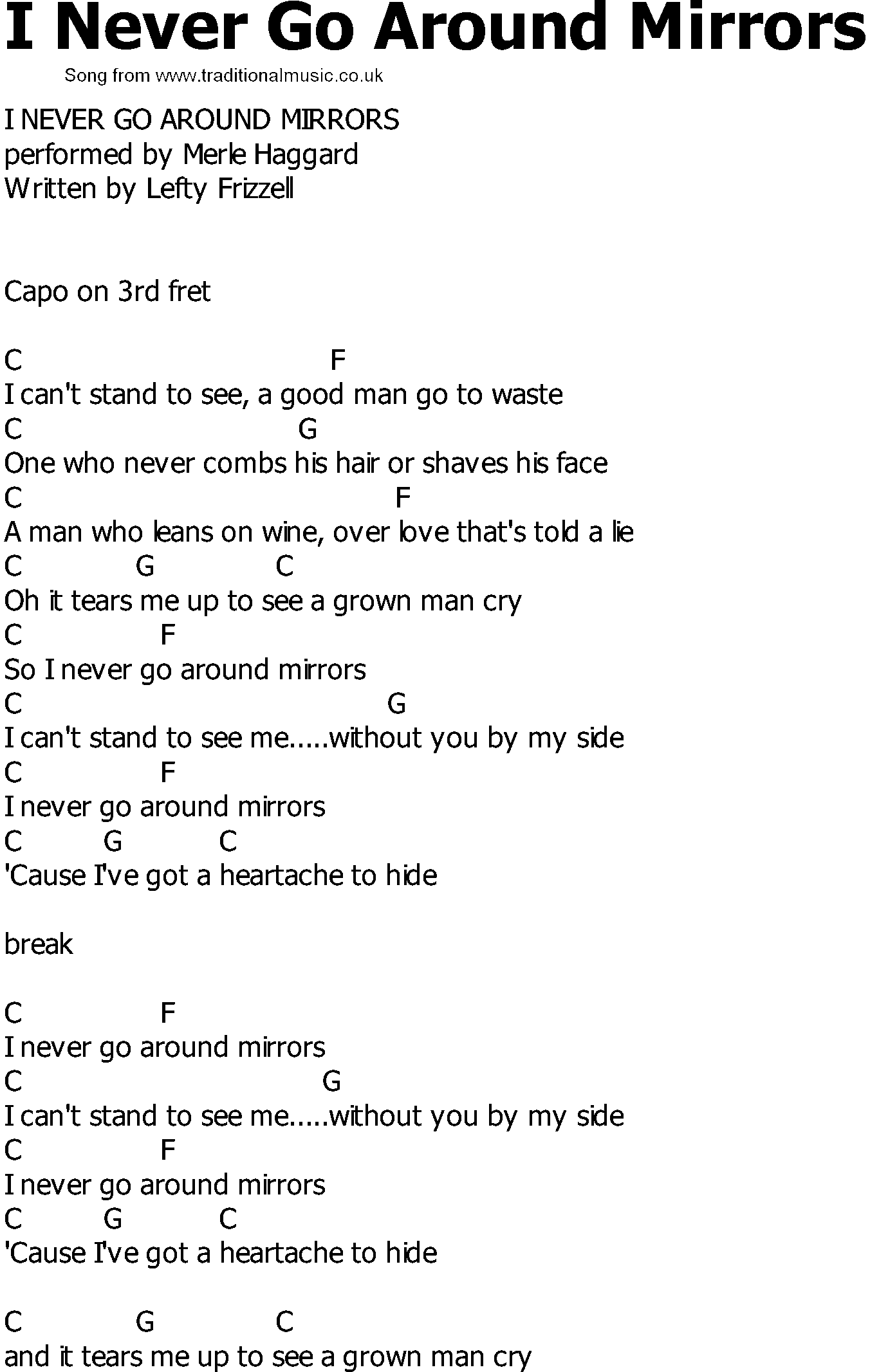 Old Country song lyrics with chords - I Never Go Around Mirrors