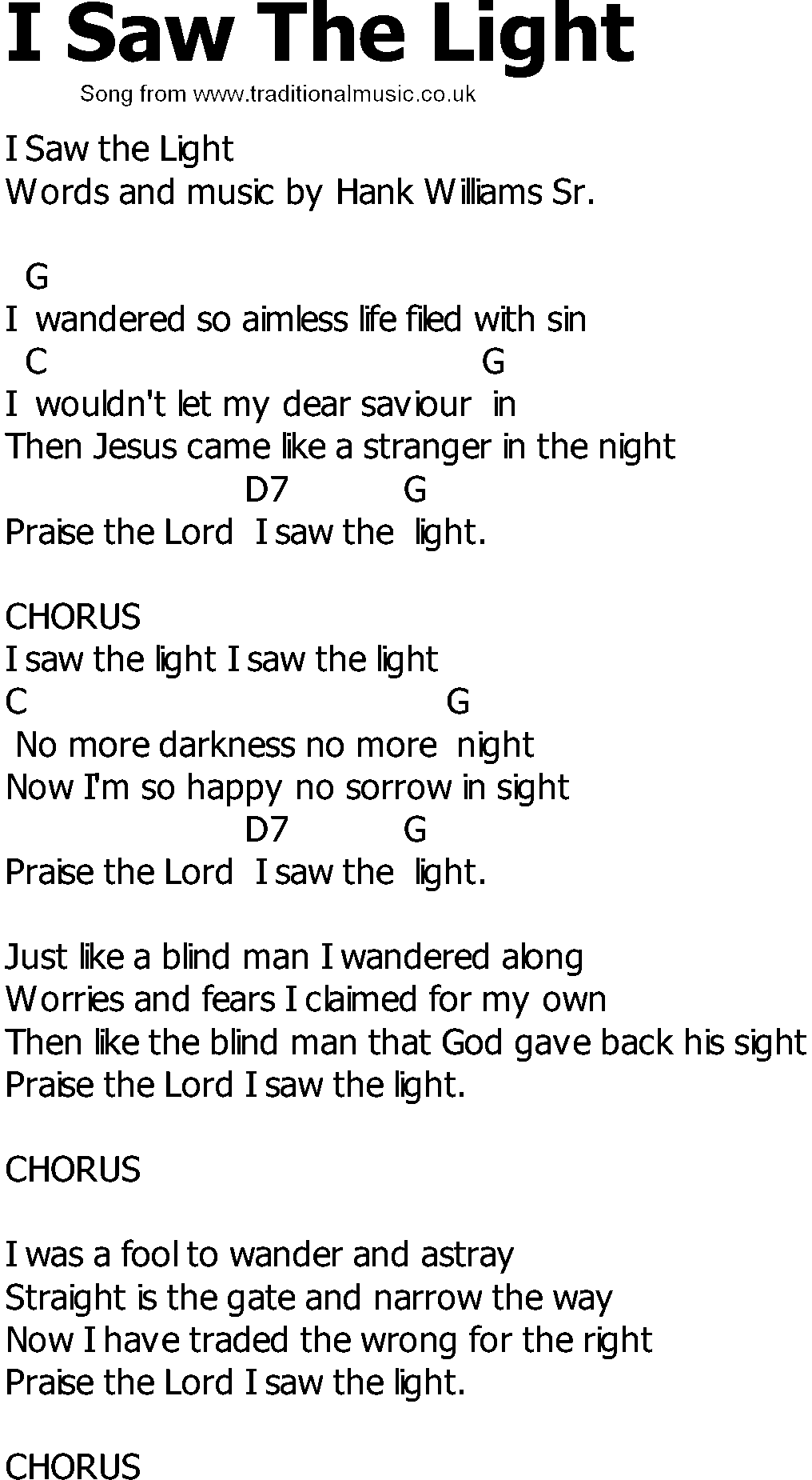 Old Country song lyrics with chords - I Saw The Light