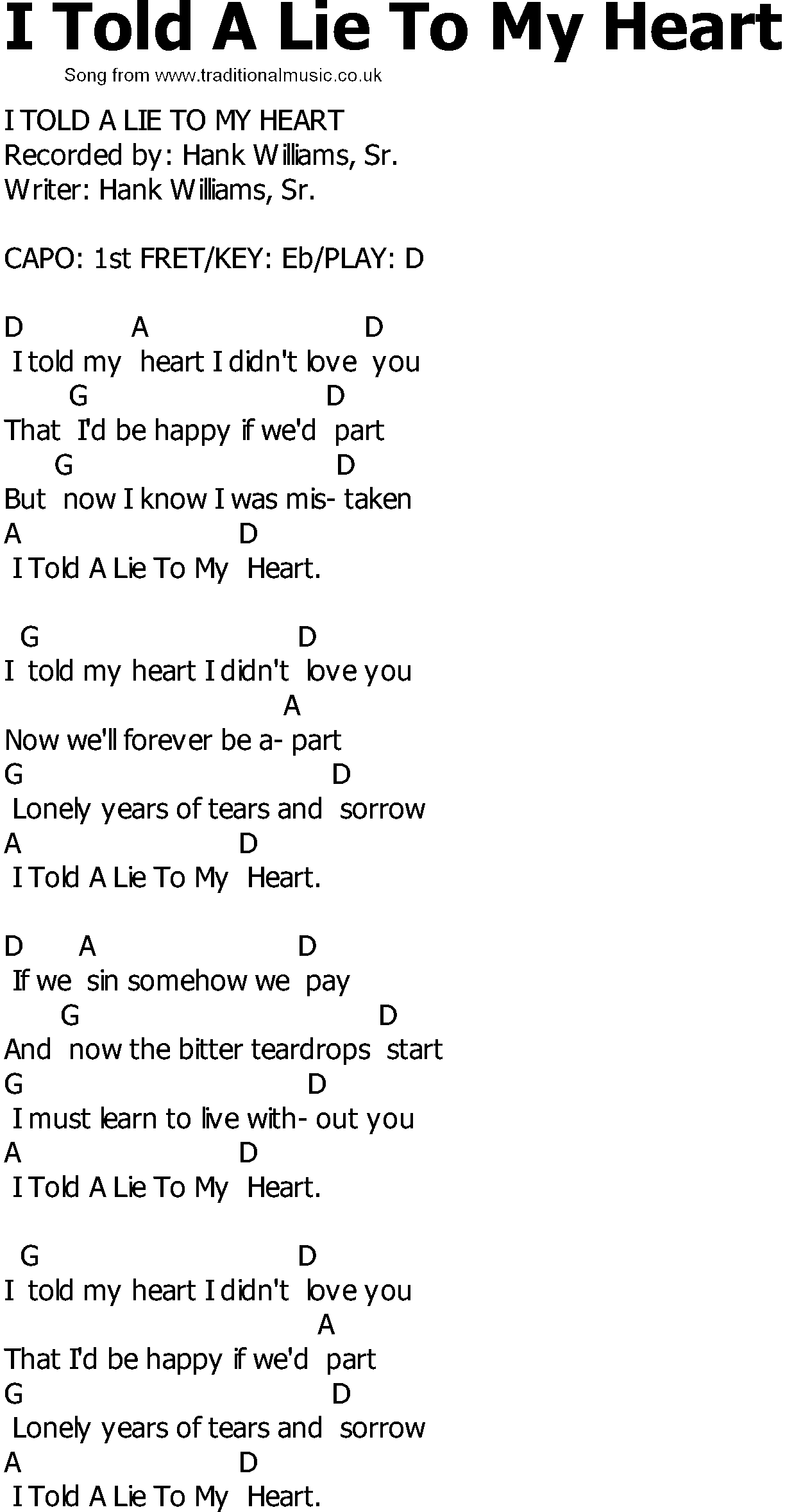 Old Country song lyrics with chords - I Told A Lie To My Heart