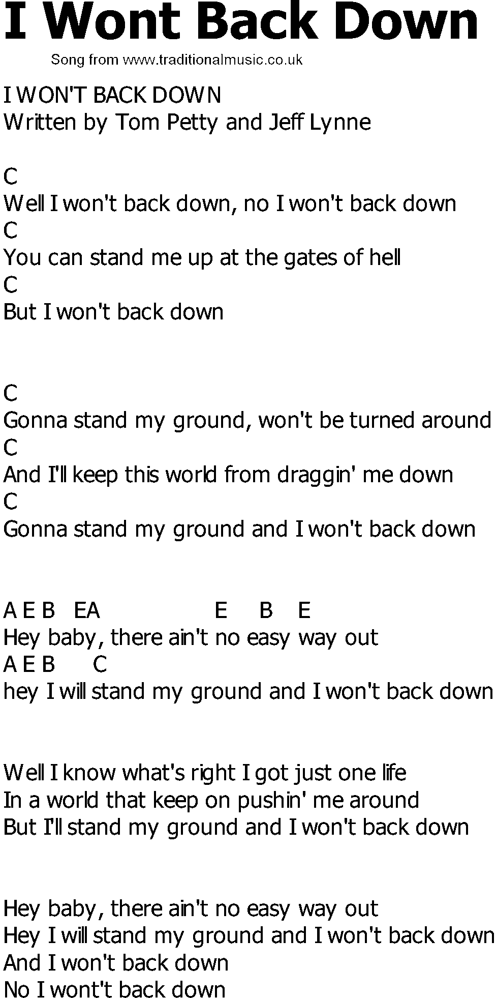 Old Country song lyrics with chords - I Wont Back Down