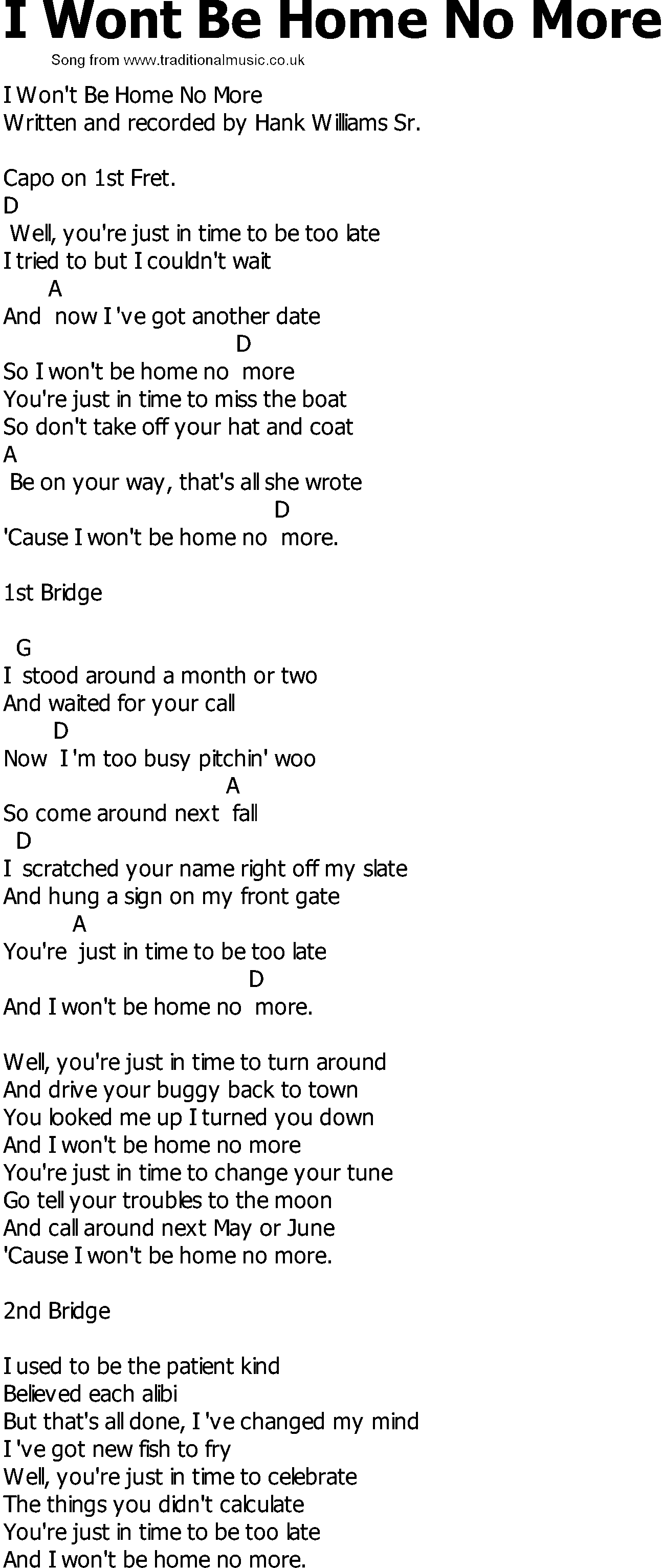 Old Country song lyrics with chords - I Wont Be Home No More