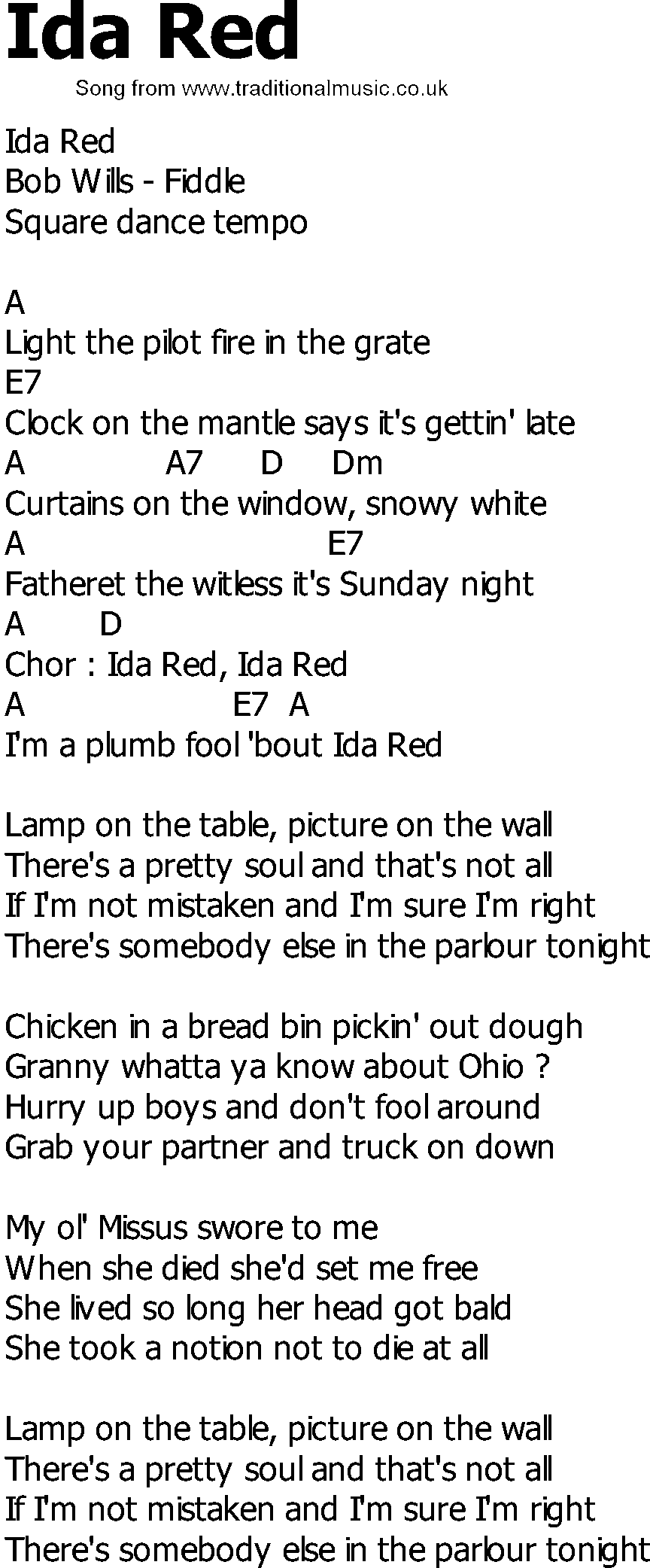Old Country song lyrics with chords - Ida Red