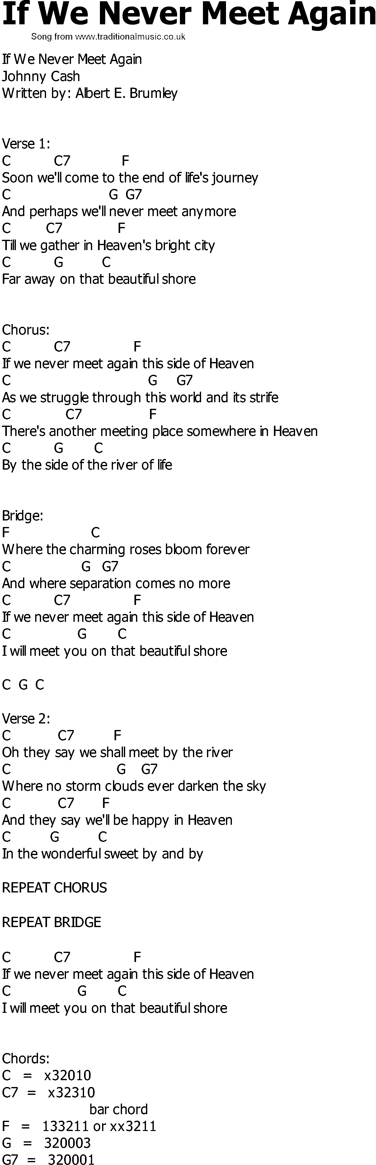 Old Country song lyrics with chords - If We Never Meet Again