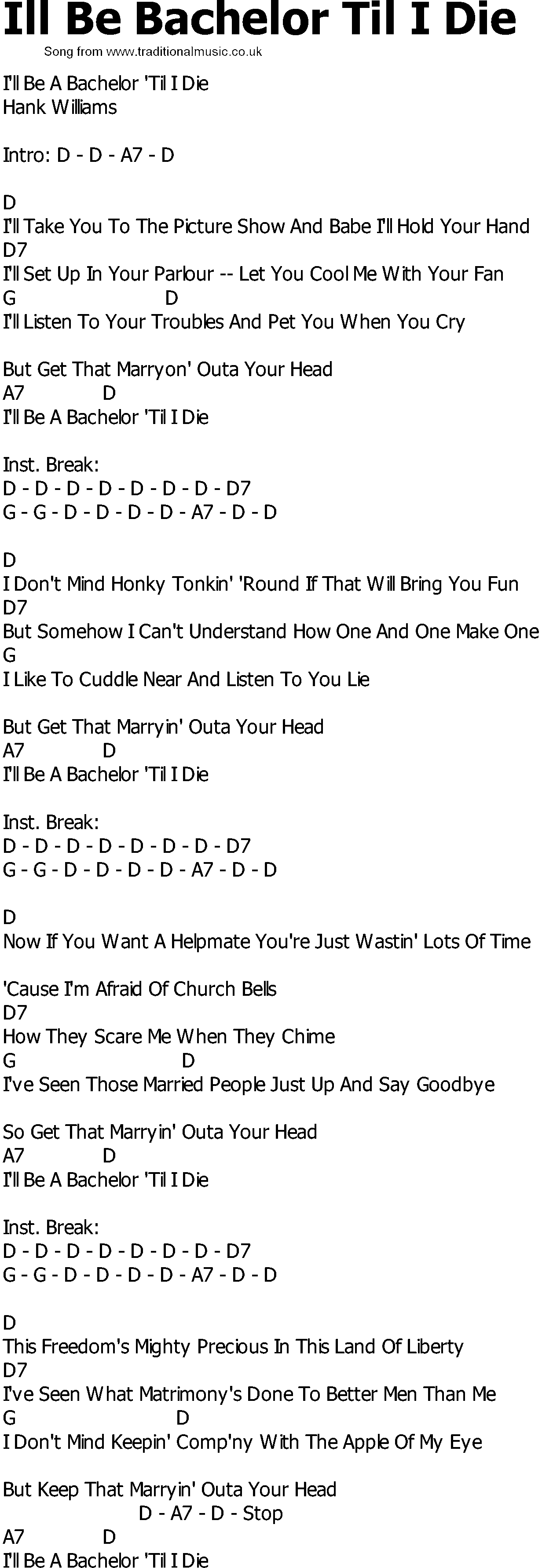 Old Country song lyrics with chords - Ill Be Bachelor Til I Die