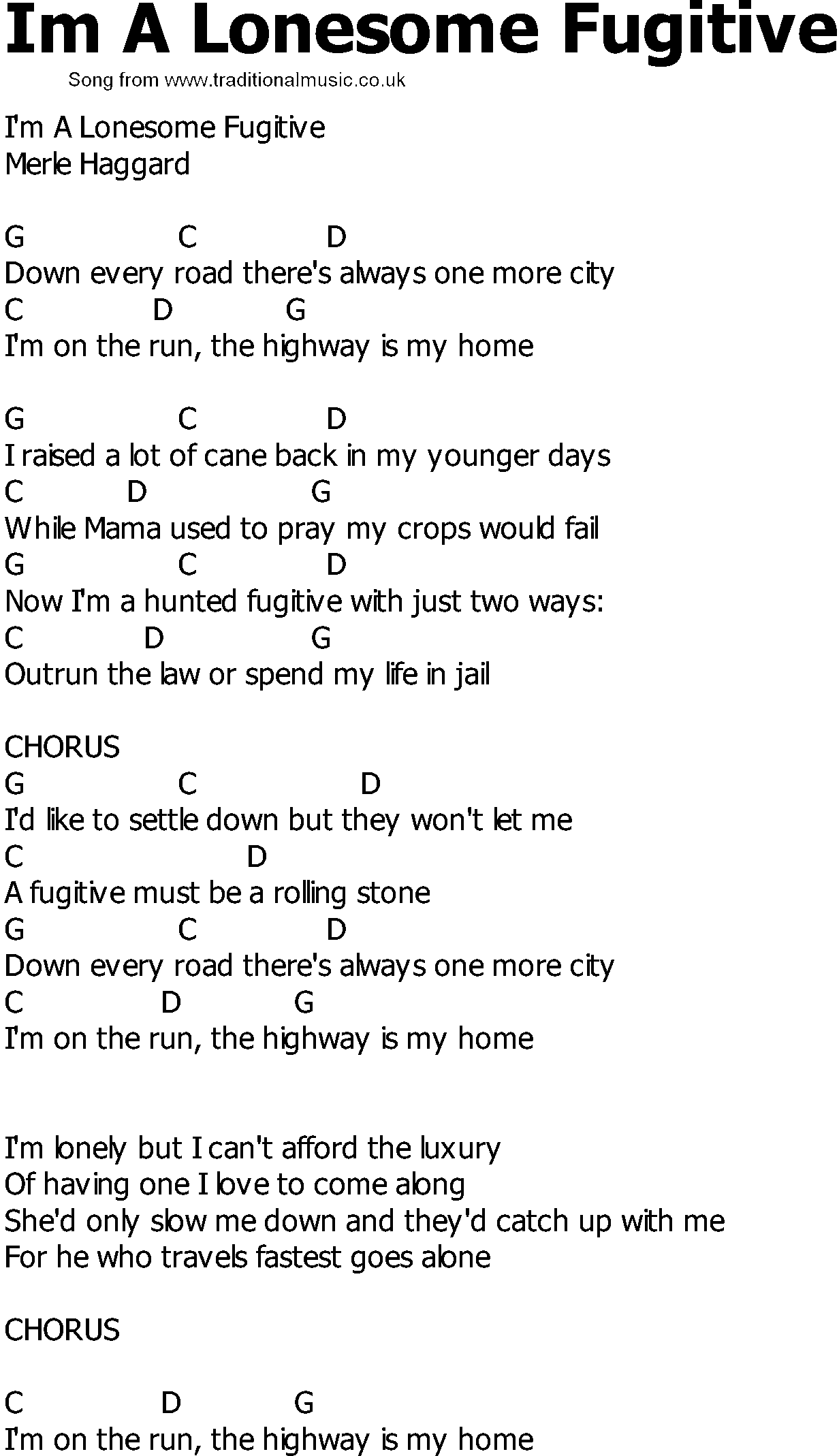 Old Country song lyrics with chords - Im A Lonesome Fugitive