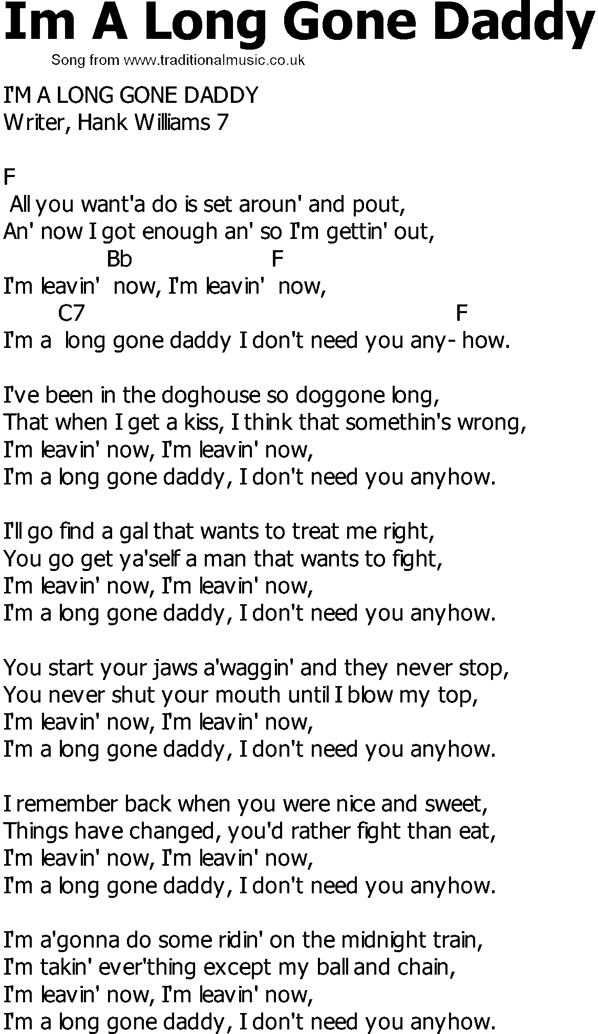 Old Country song lyrics with chords - Im A Long Gone Daddy