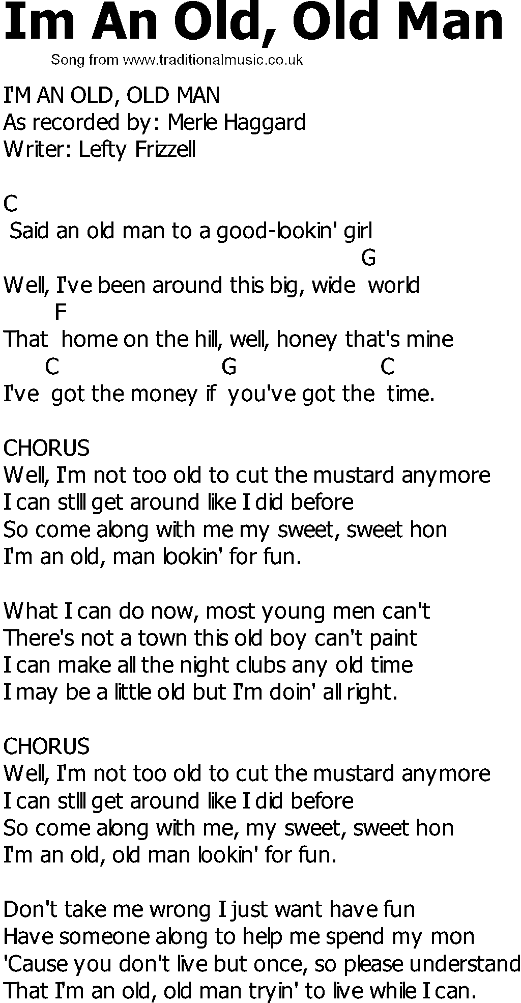 Old Country song lyrics with chords - Im An Old Old Man