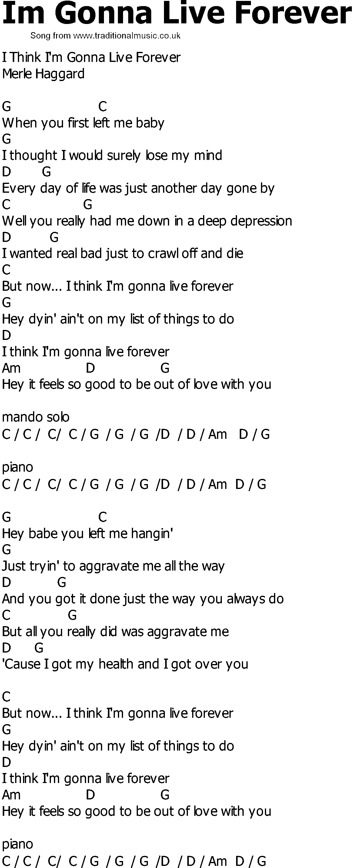 Old Country song lyrics with chords - Im Gonna Live Forever