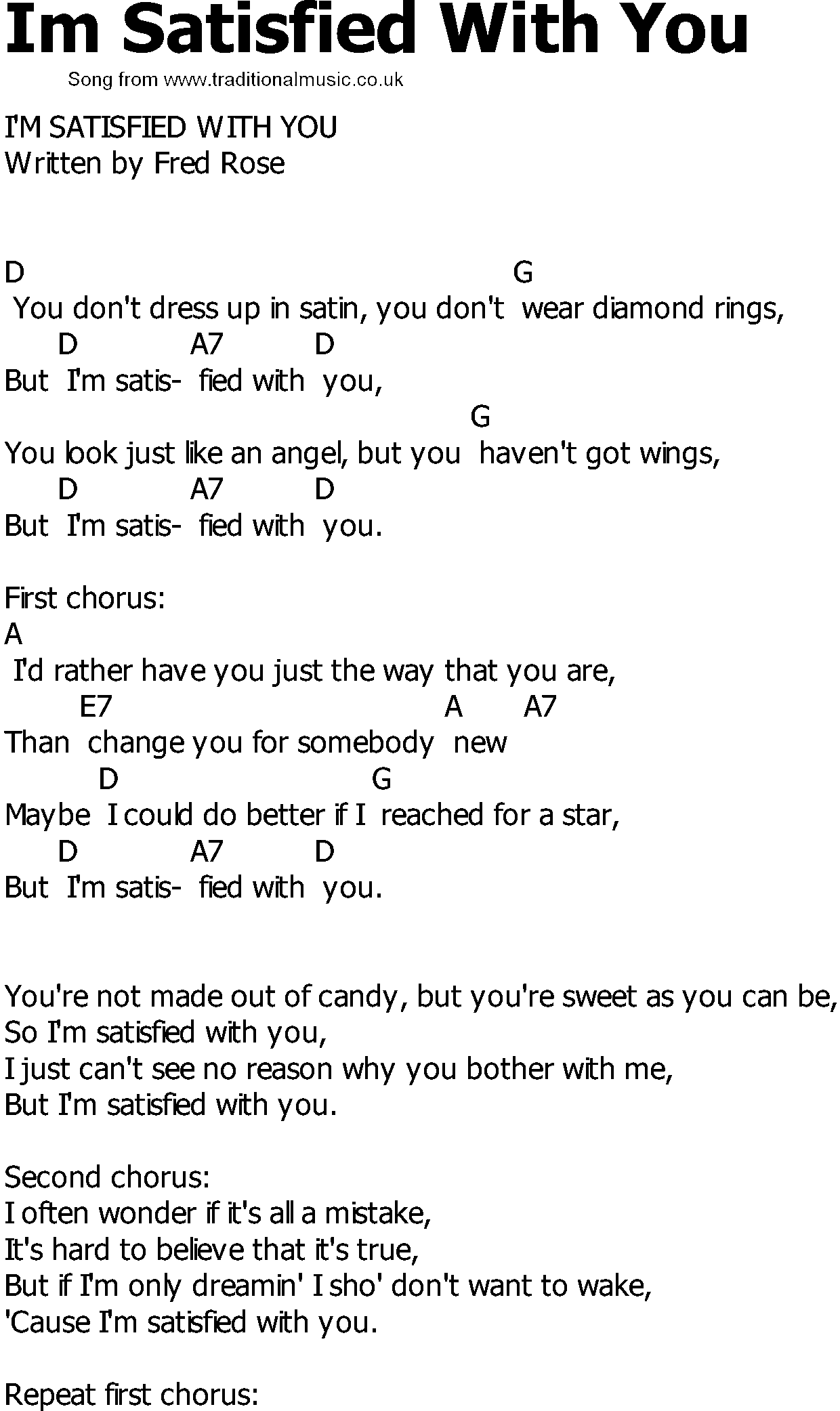 Old Country song lyrics with chords - Im Satisfied With You