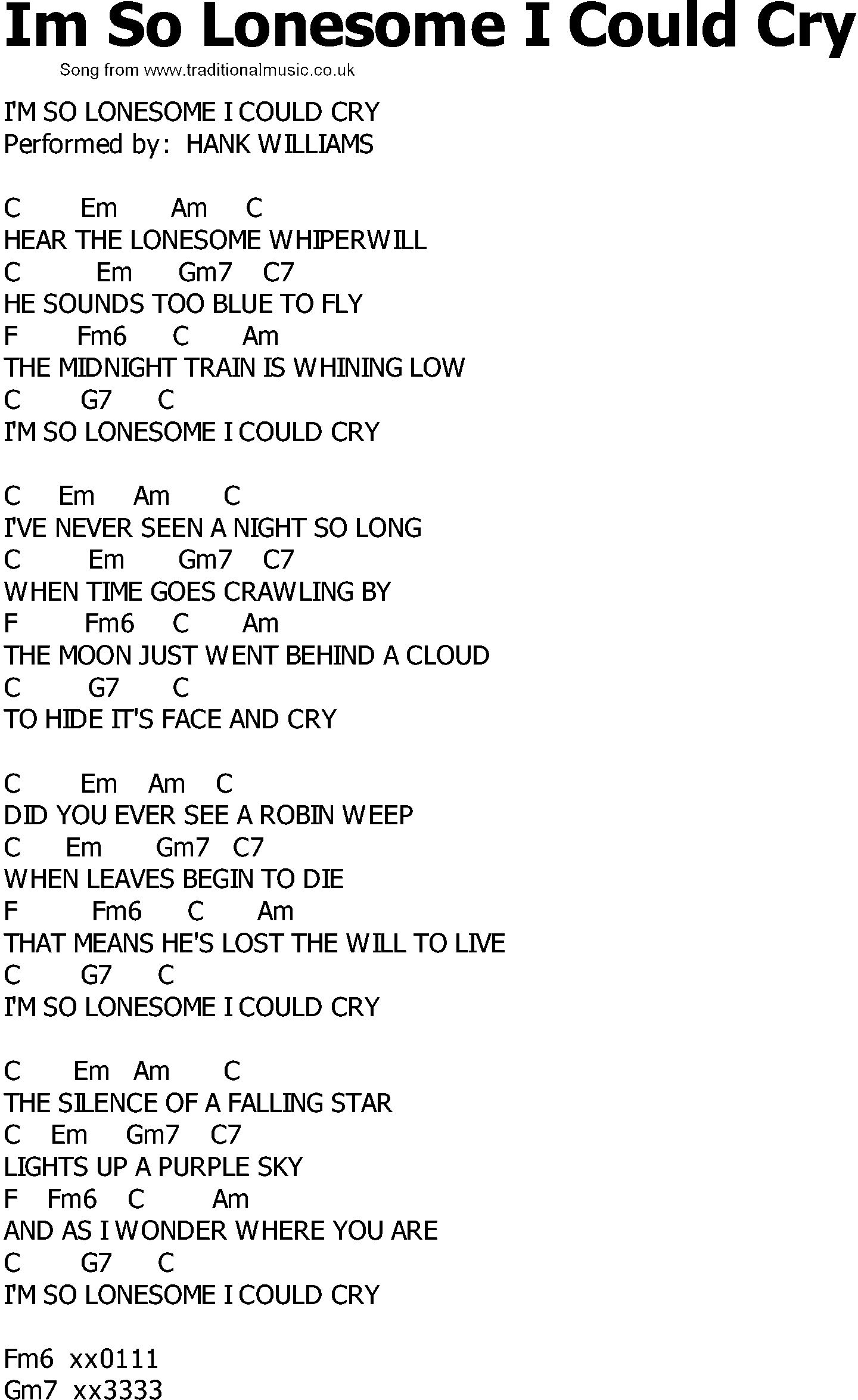 Old Country song lyrics with chords - Im So Lonesome I Could Cry