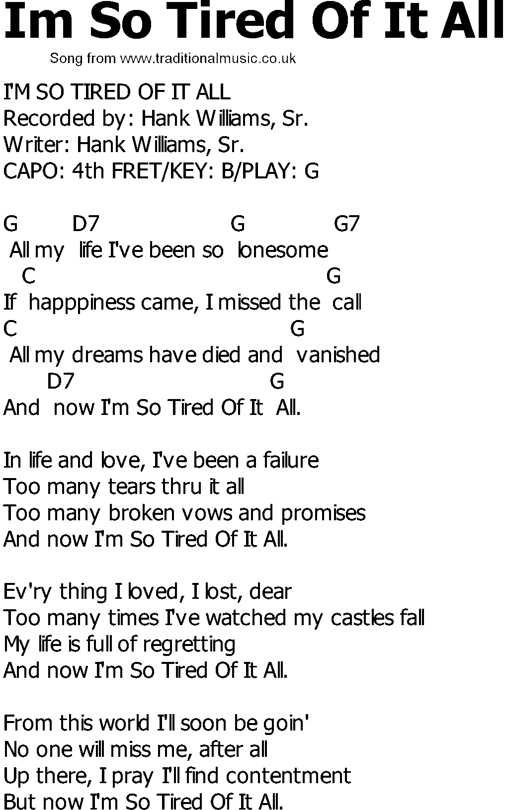 Old Country song lyrics with chords - Im So Tired Of It All