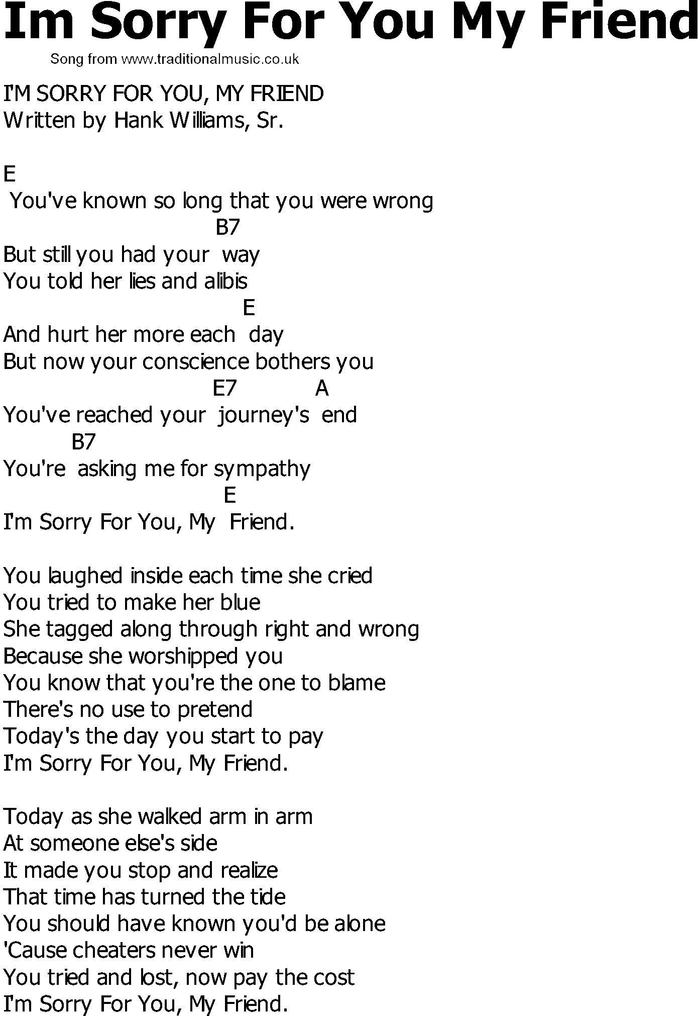 Old Country song lyrics with chords - Im Sorry For You My Friend