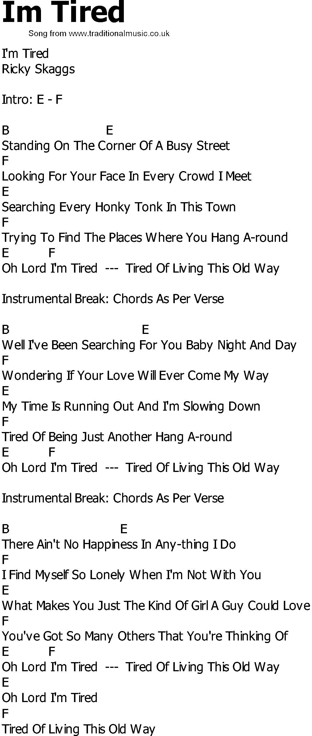 Old Country song lyrics with chords - Im Tired