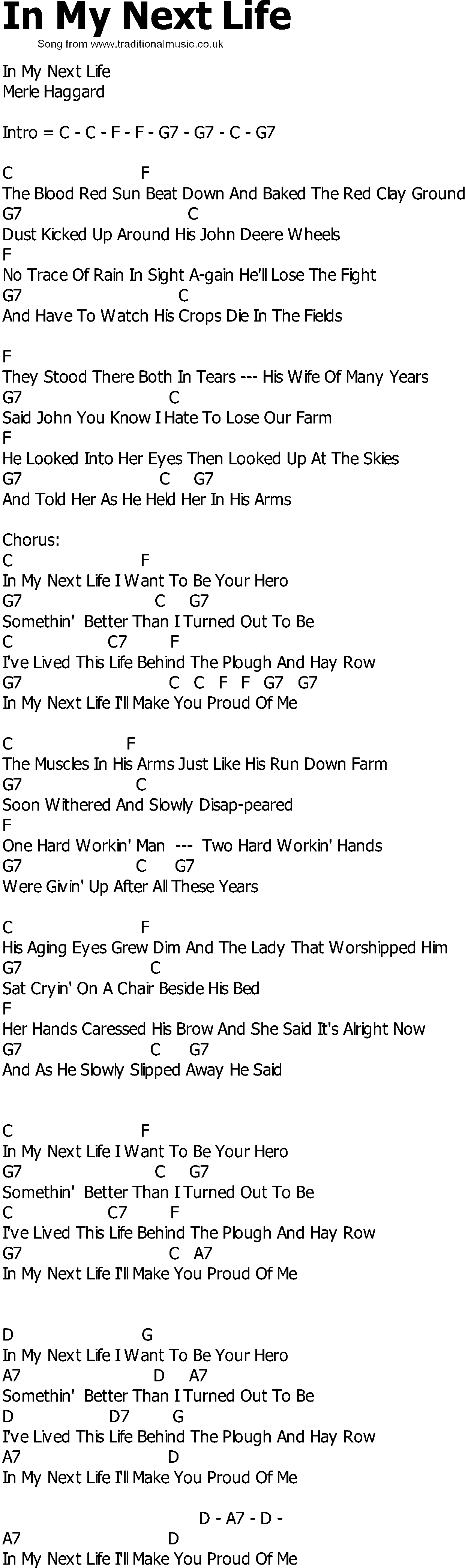 Old Country song lyrics with chords - In My Next Life