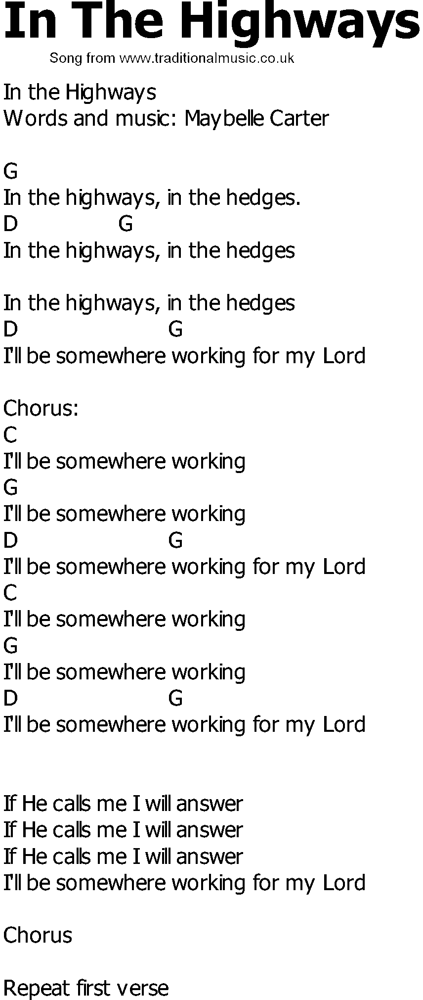 Old Country song lyrics with chords - In The Highways