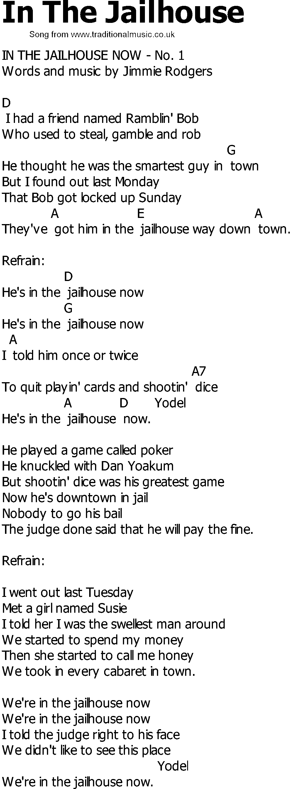 Old Country song lyrics with chords - In The Jailhouse