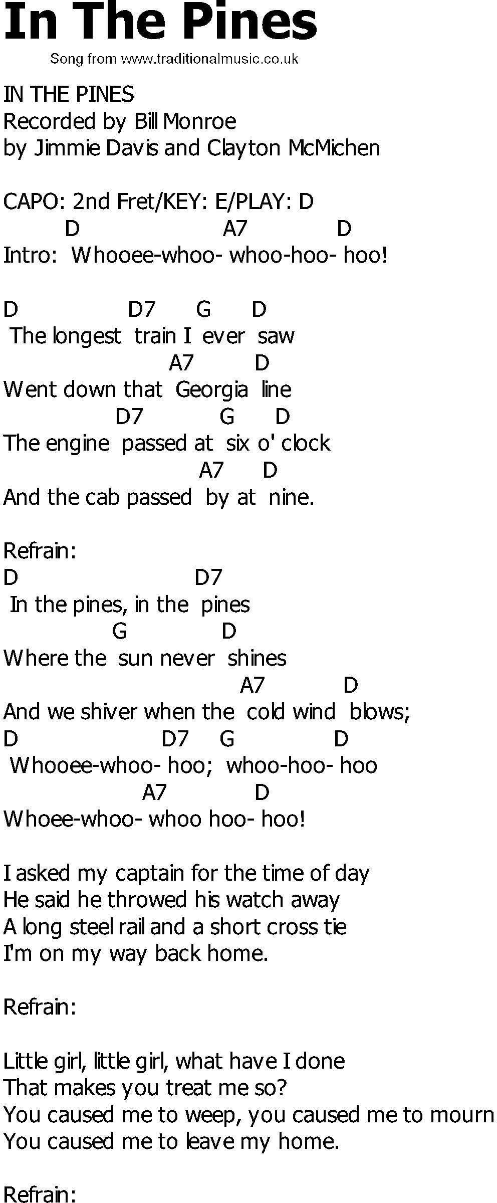 Old Country song lyrics with chords - In The Pines