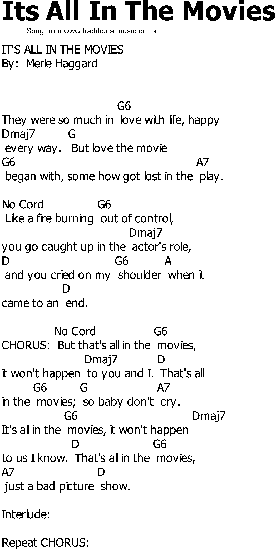 Old Country song lyrics with chords - Its All In The Movies