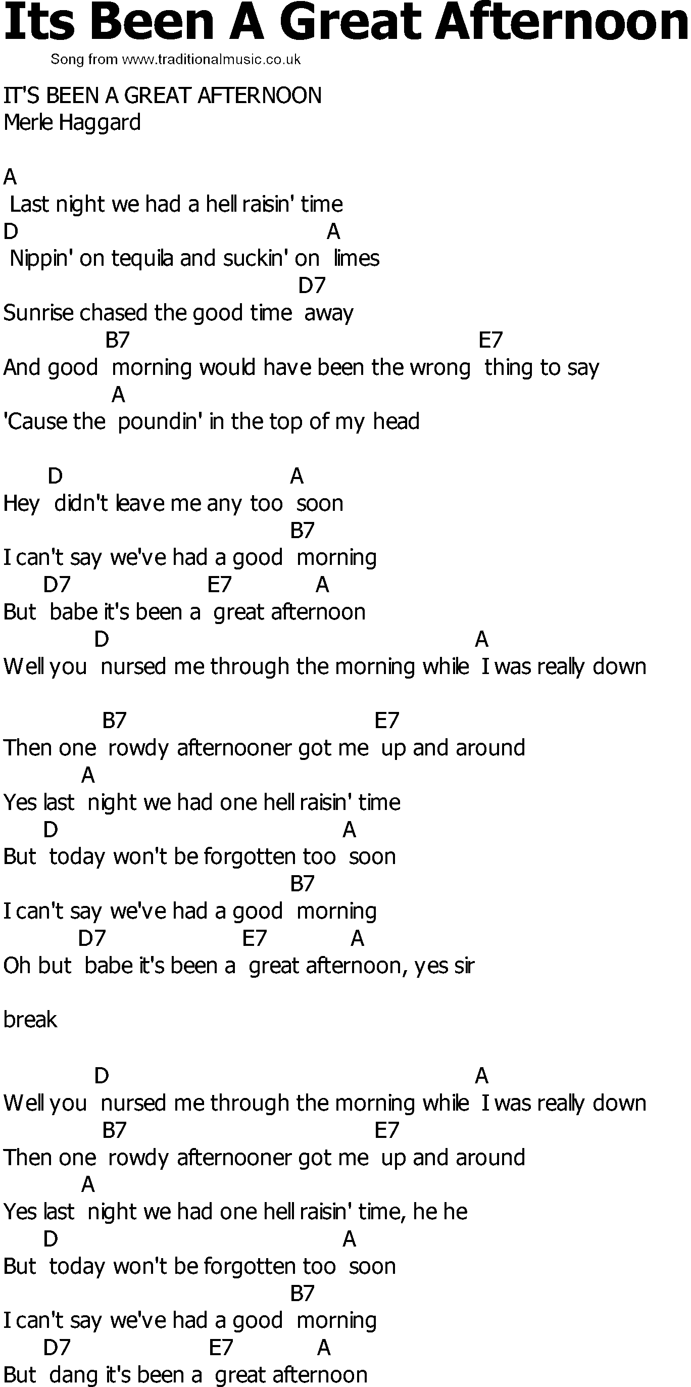 Old Country song lyrics with chords - Its Been A Great Afternoon