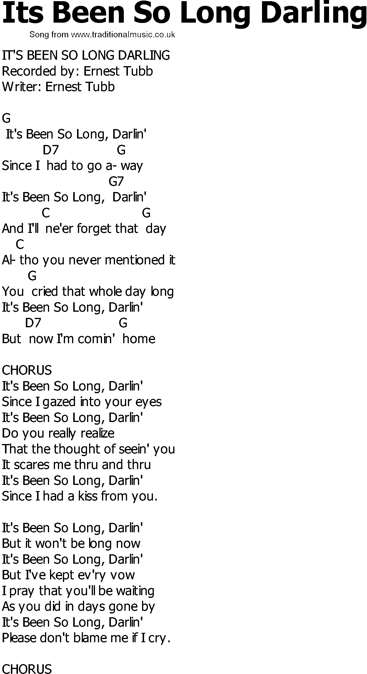 Old Country song lyrics with chords - Its Been So Long Darling